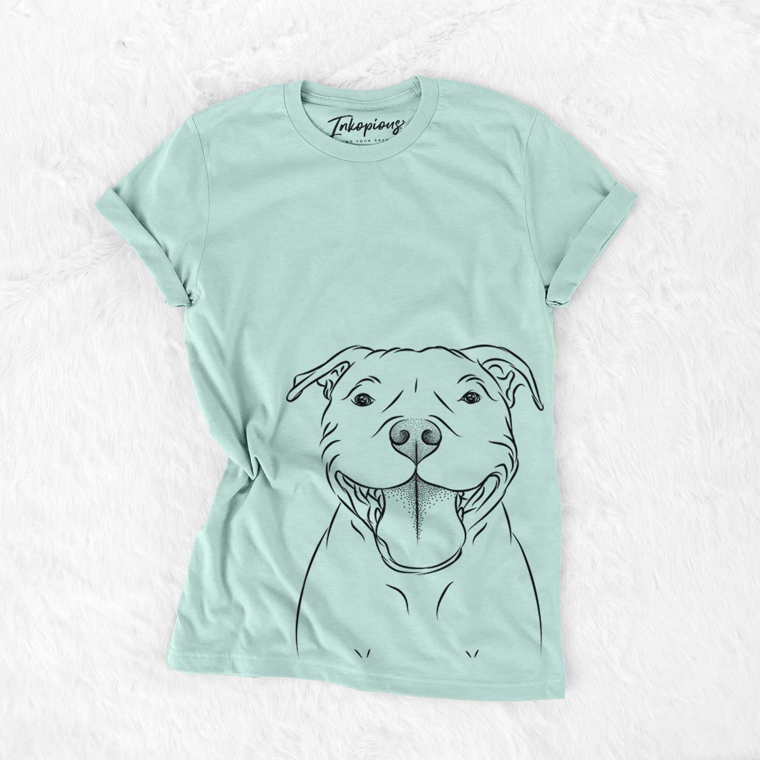 Hand-drawn sketch of Wafer the Staffordshire Bull Terrier on a Heather Sage Bella Canvas Unisex Crewneck