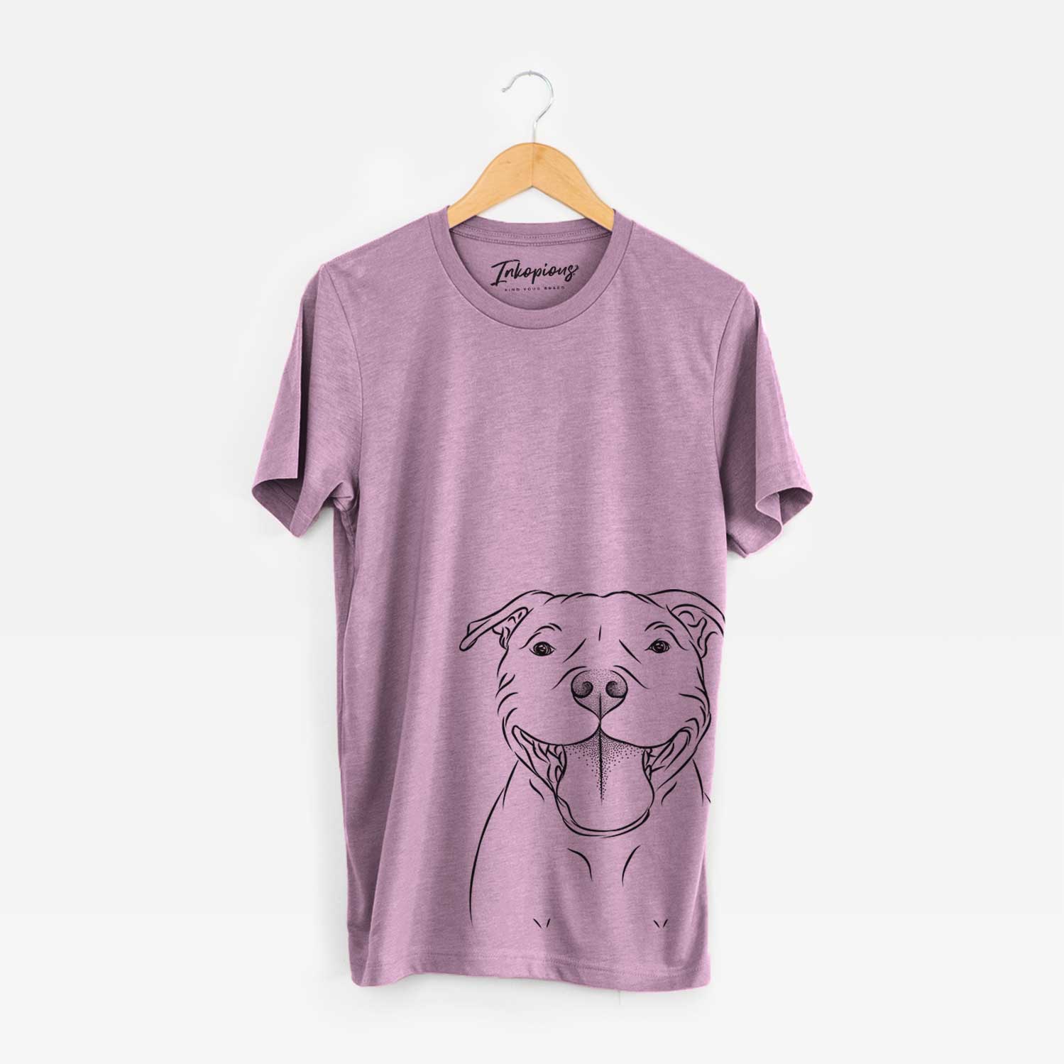 Hand-drawn sketch of Wafer the Staffordshire Bull Terrier on an Orchid Bella Canvas Unisex Crewneck