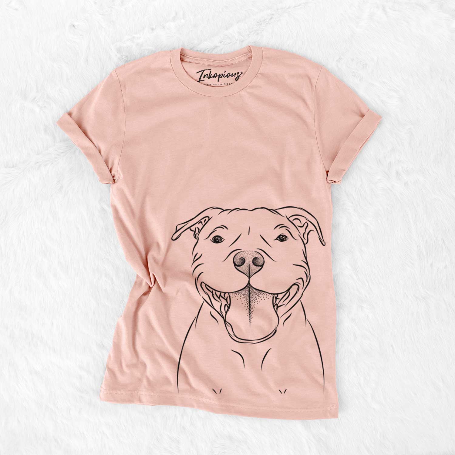 Hand-drawn sketch of Wafer the Staffordshire Bull Terrier on a Peach Bella Canvas Unisex Crewneck