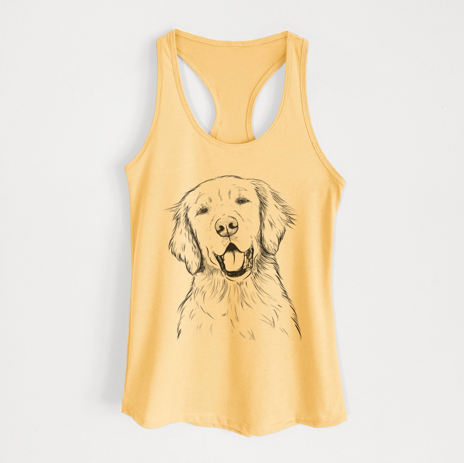 Hand-drawn sketch of Wallace the Golden Retriever on a Banana Cream Women's racerback tanktop