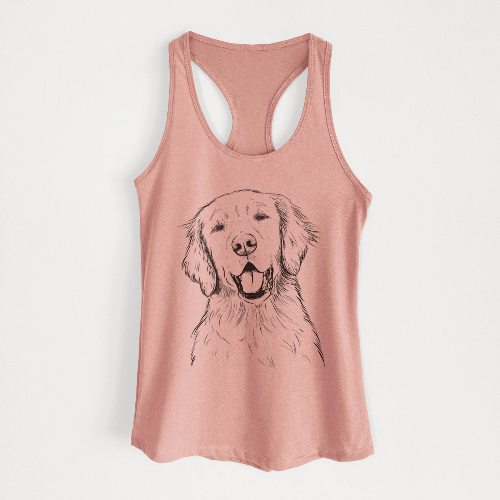 Hand-drawn sketch of Wallace the Golden Retriever on a Desert Pink Women's racerback tanktop