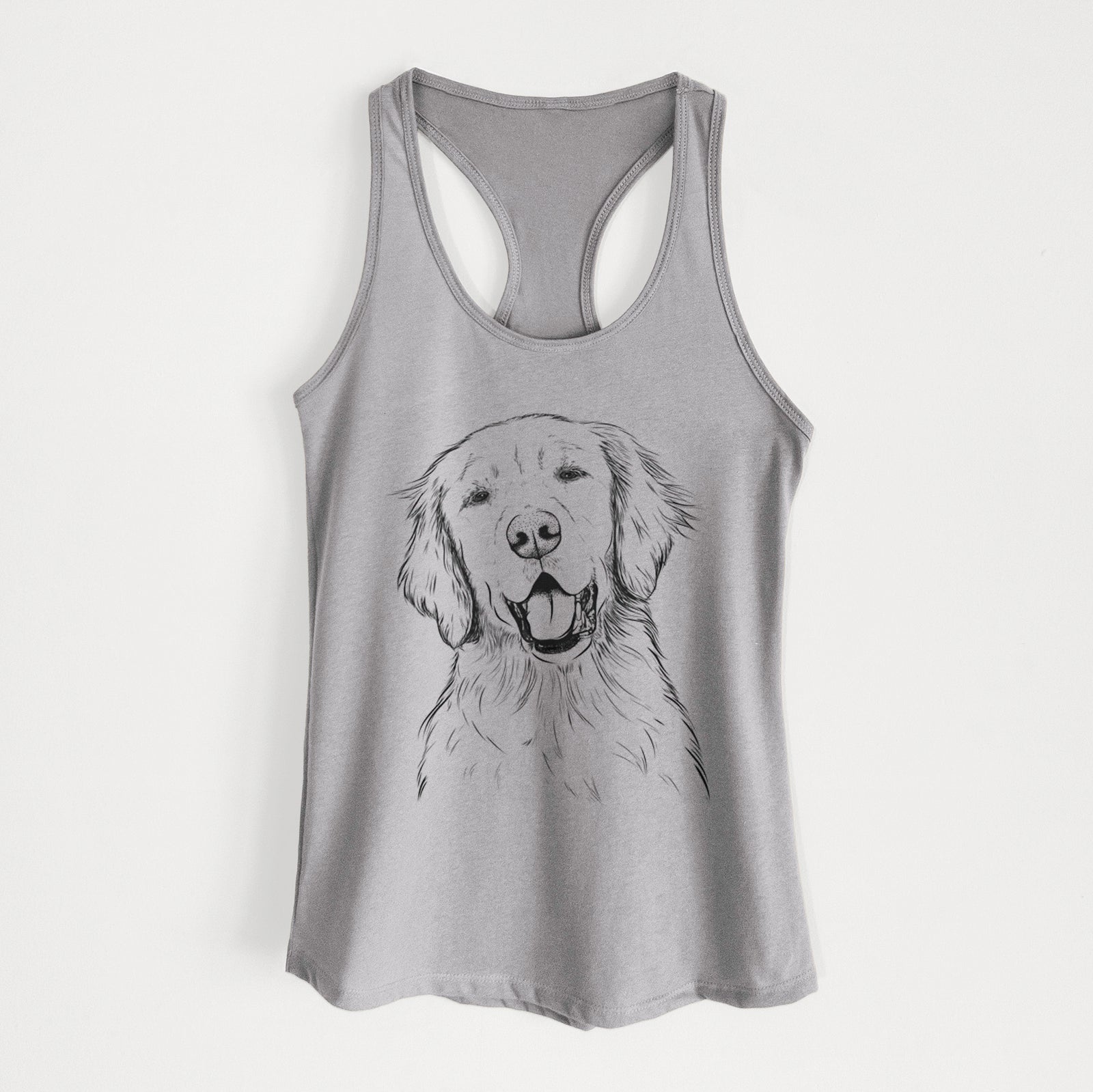 Hand-drawn sketch of Wallace the Golden Retriever on a Heather Grey Women's racerback tanktop