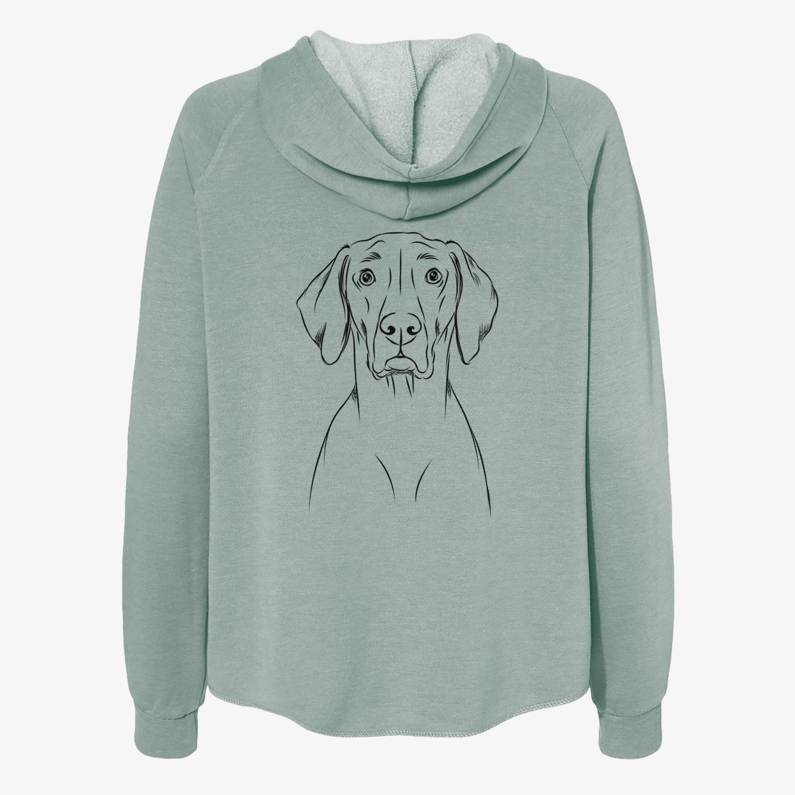 Hand-drawn sketch of Walter the Weimaraner on a Sage Women's cali wave zip-up sweatshirt