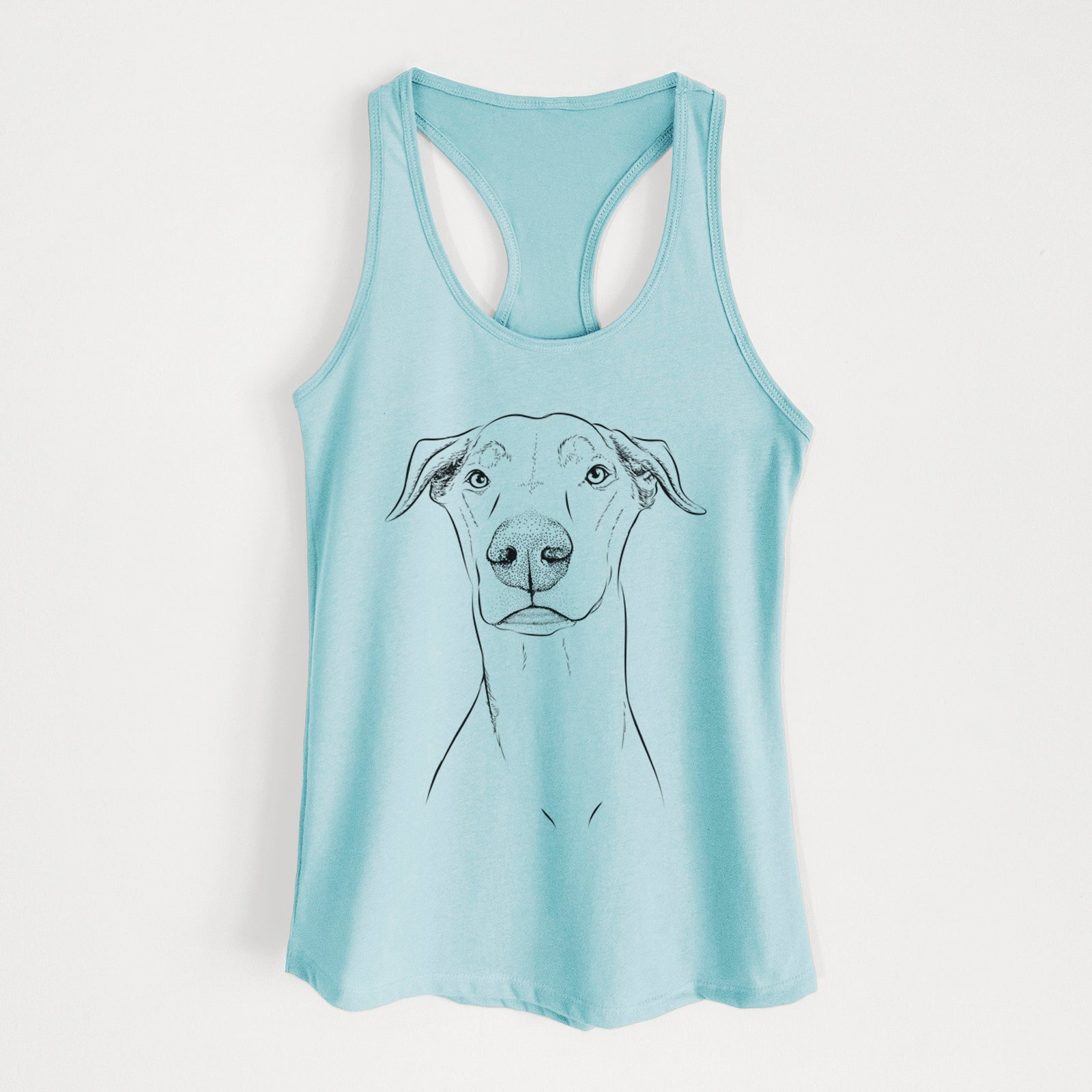 Hand-drawn sketch of Walter the White Doberman Rescue on a Cancun Blue Women's racerback tanktop