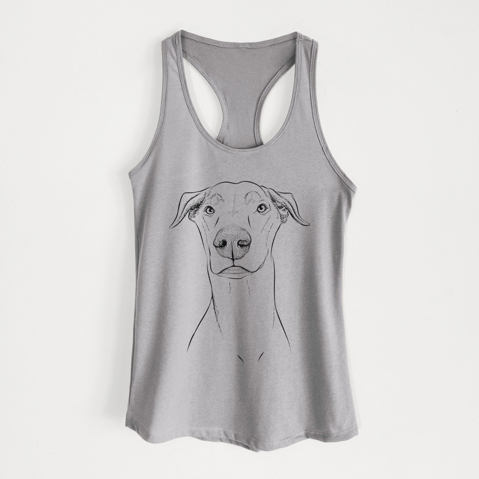 Hand-drawn sketch of Walter the White Doberman Rescue on a Heather Grey Women's racerback tanktop