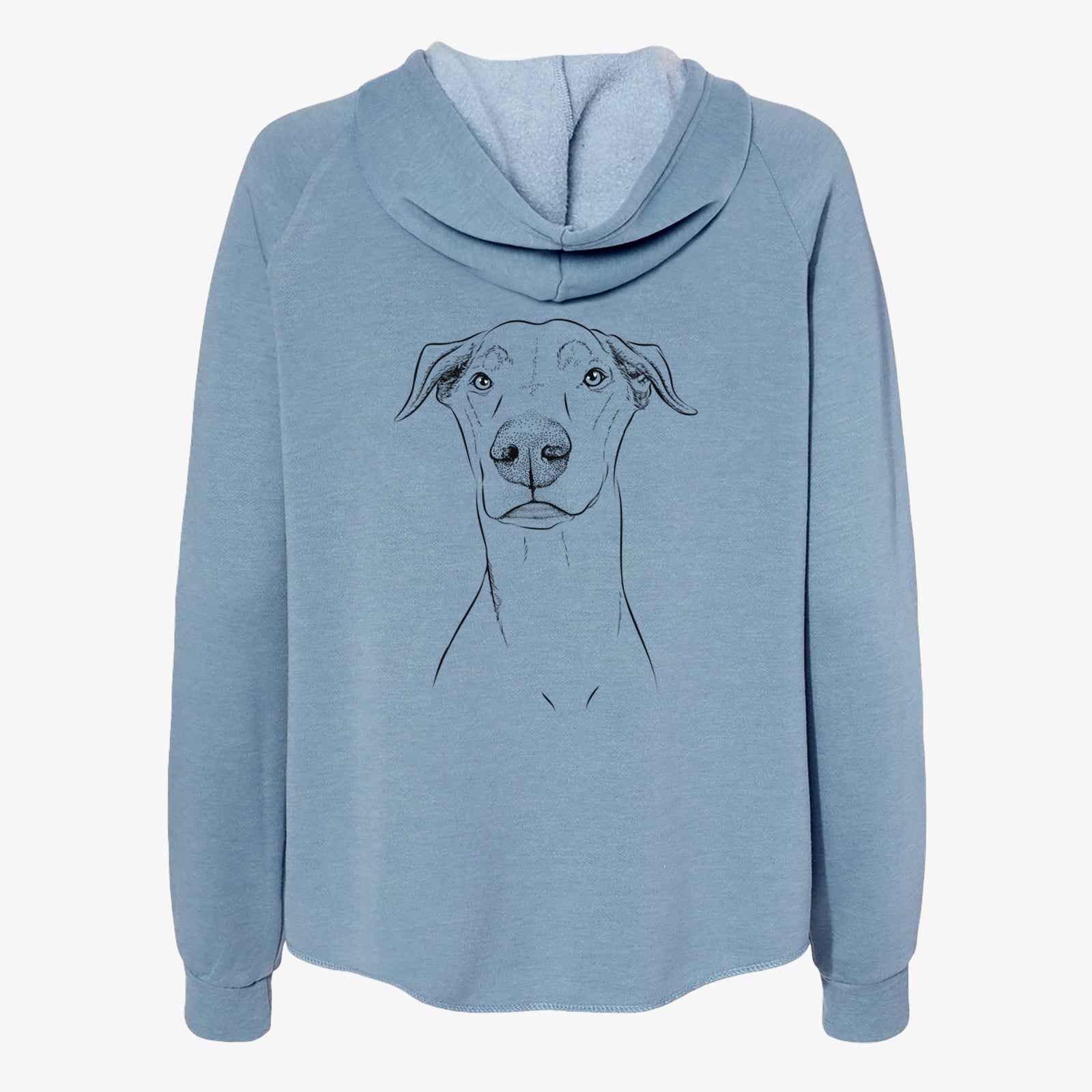 Hand-drawn sketch of Walter the White Doberman Rescue on a Misty Blue Women's cali wave zip-up sweatshirt