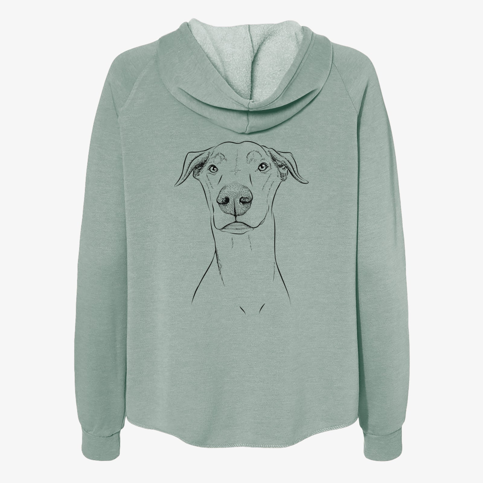 Hand-drawn sketch of Walter the White Doberman Rescue on a Sage Women's cali wave zip-up sweatshirt