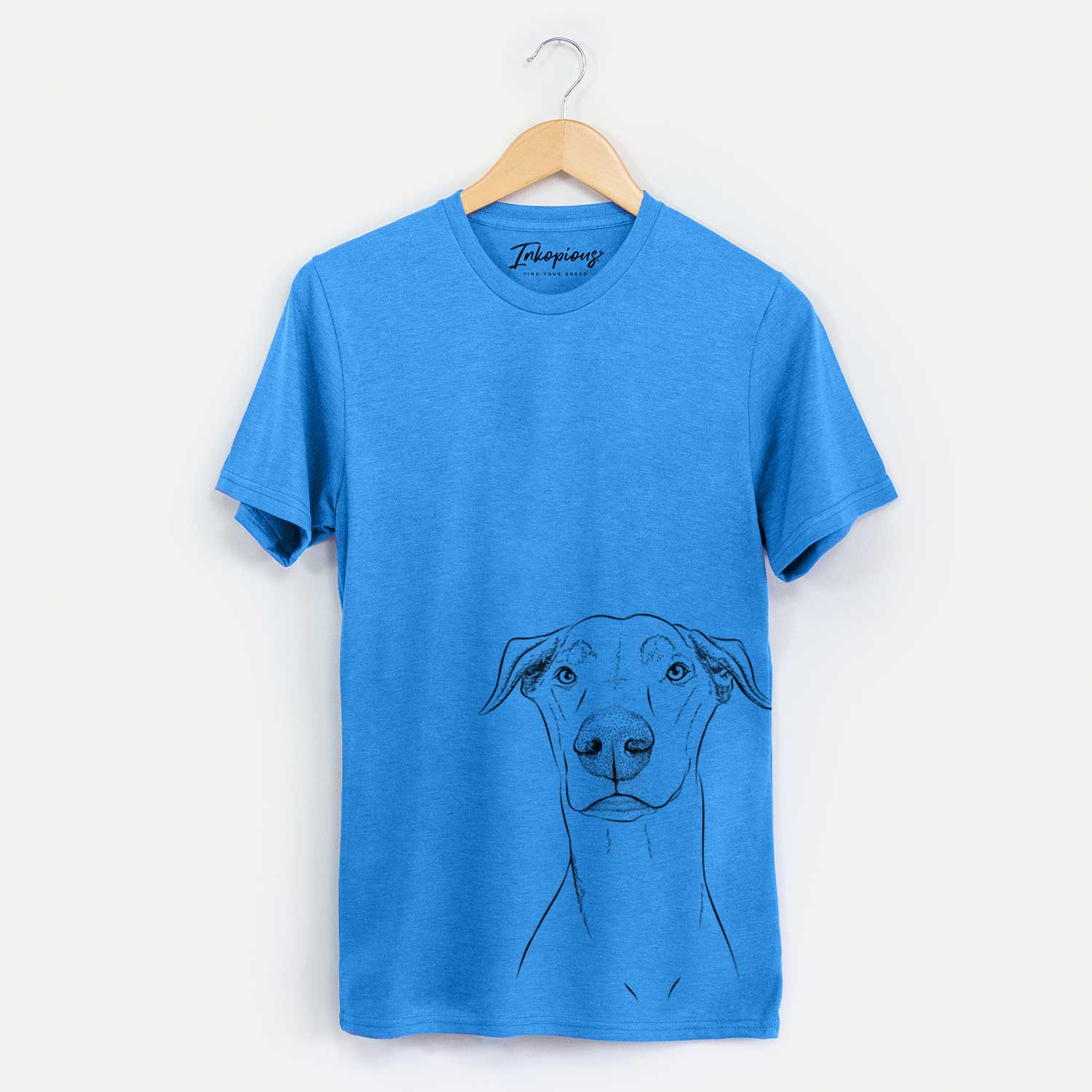 Hand-drawn sketch of Walter the White Doberman Rescue on a Blue Unisex crewneck