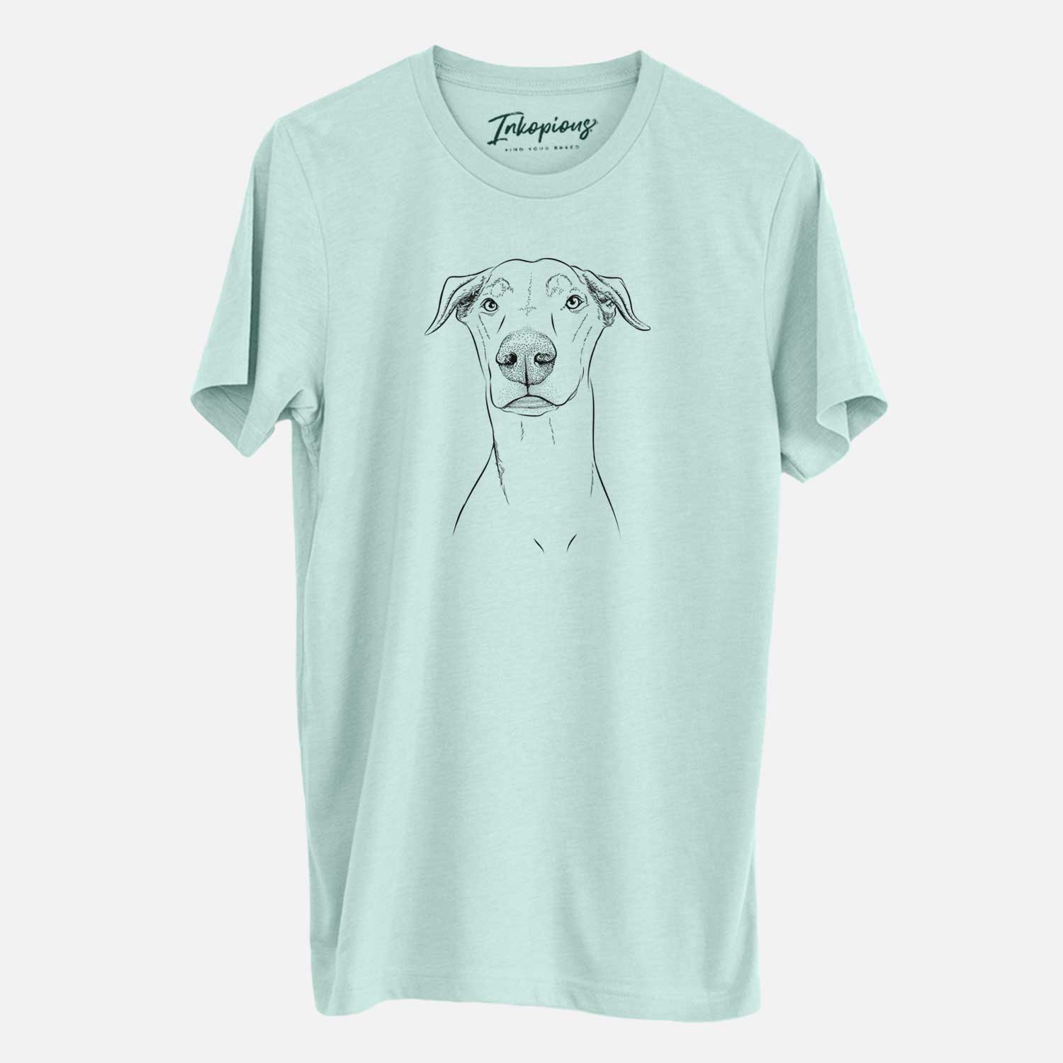 Hand-drawn sketch of Walter the White Doberman Rescue on a Heather Sage Unisex crewneck