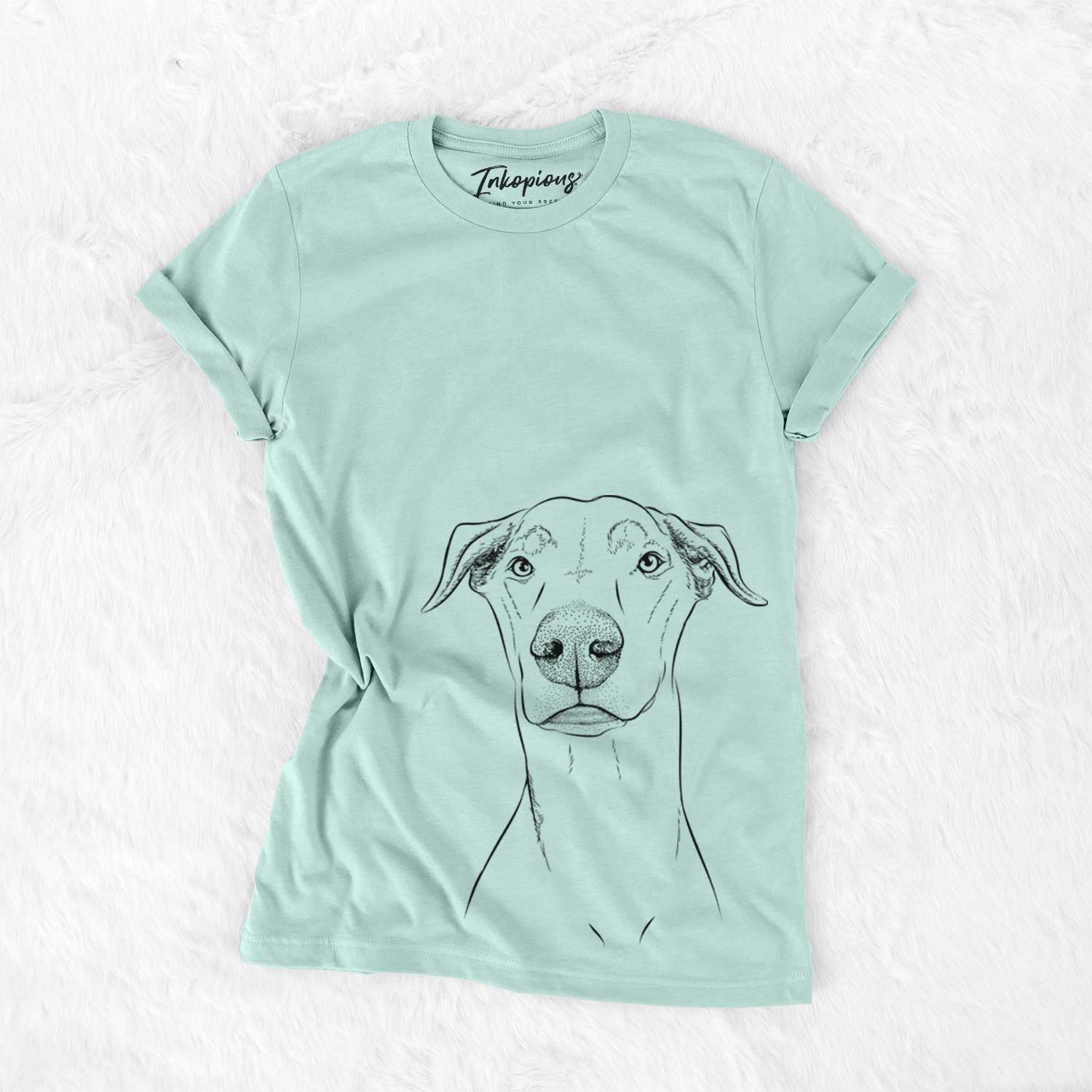 Hand-drawn sketch of Walter the White Doberman Rescue on a Heather Sage Unisex crewneck