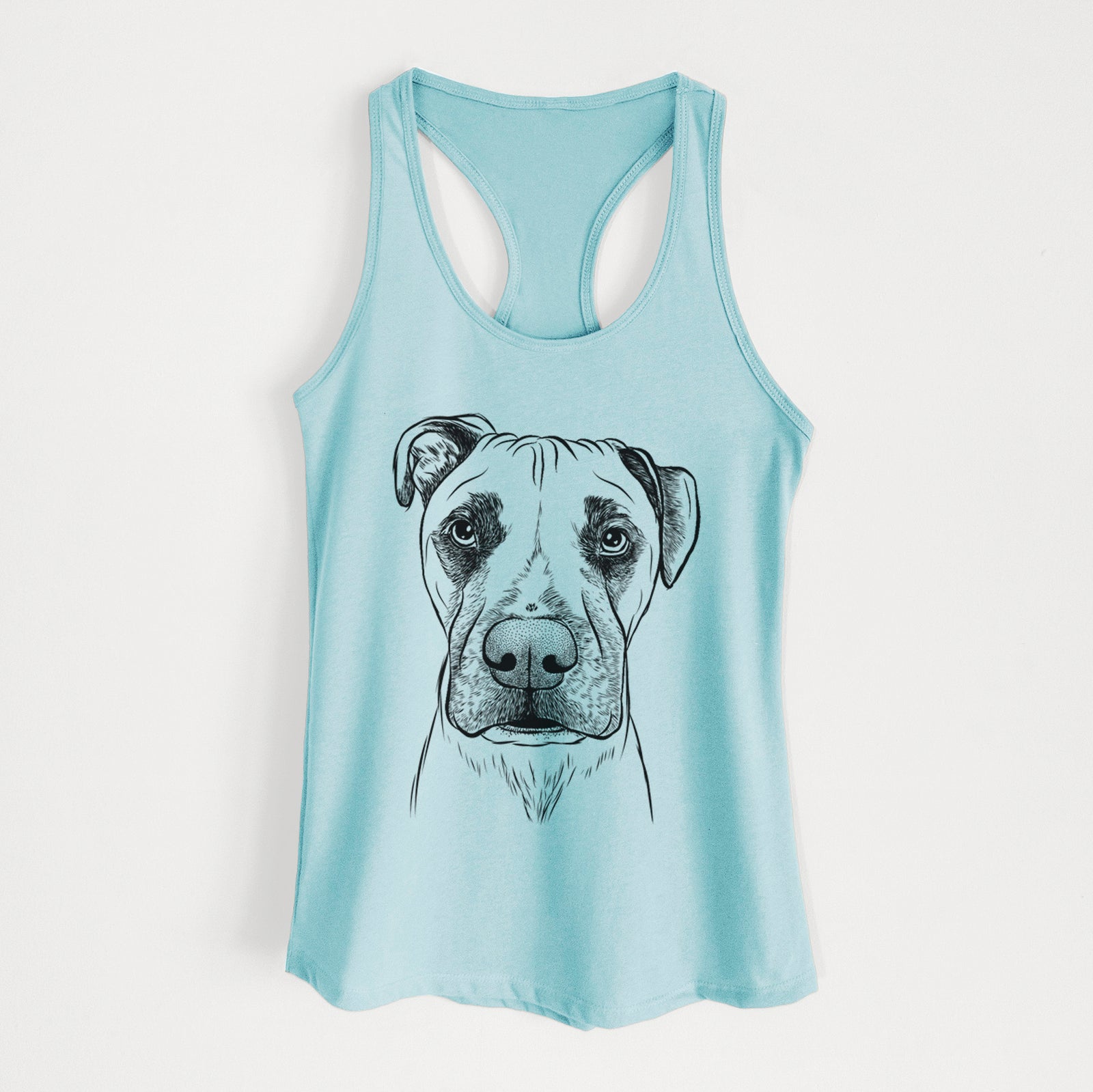 Hand-drawn sketch of Waylon the Boxane on a Cancun Blue Women's racerback tanktop