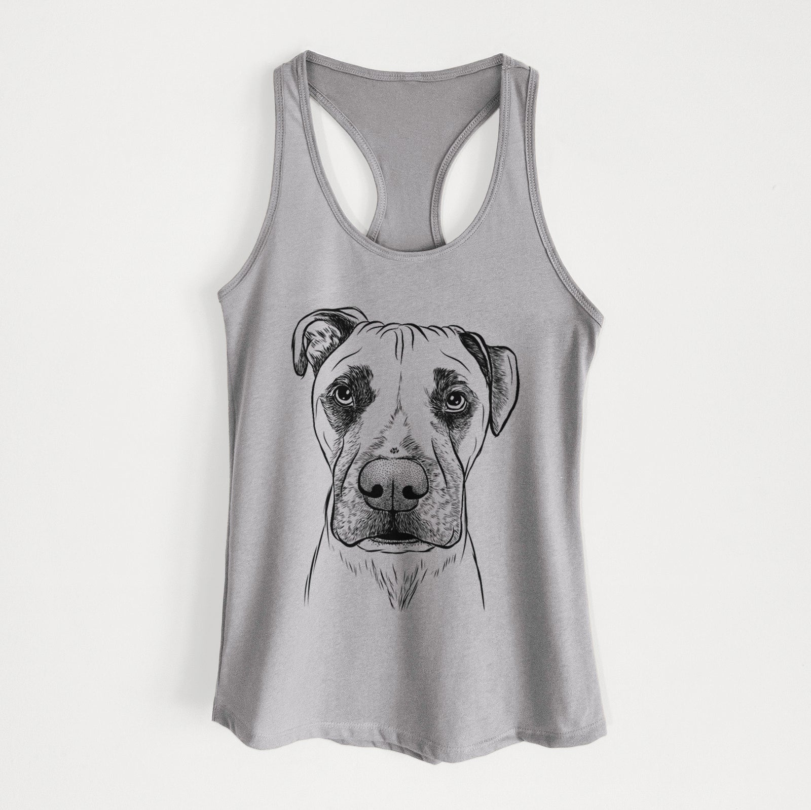 Hand-drawn sketch of Waylon the Boxane on a Heather Grey Women's racerback tanktop