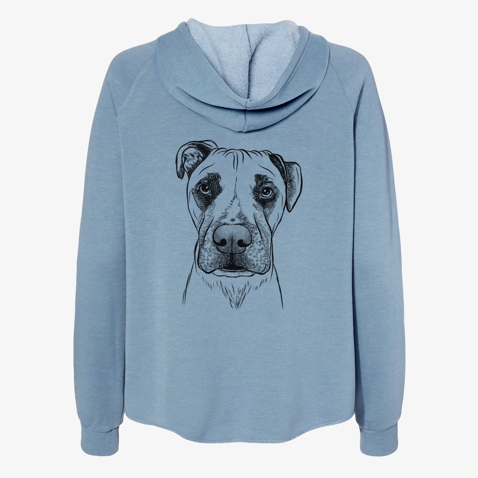 Hand-drawn sketch of Waylon the Boxane on a Misty Blue Women's cali wave zip-up sweatshirt