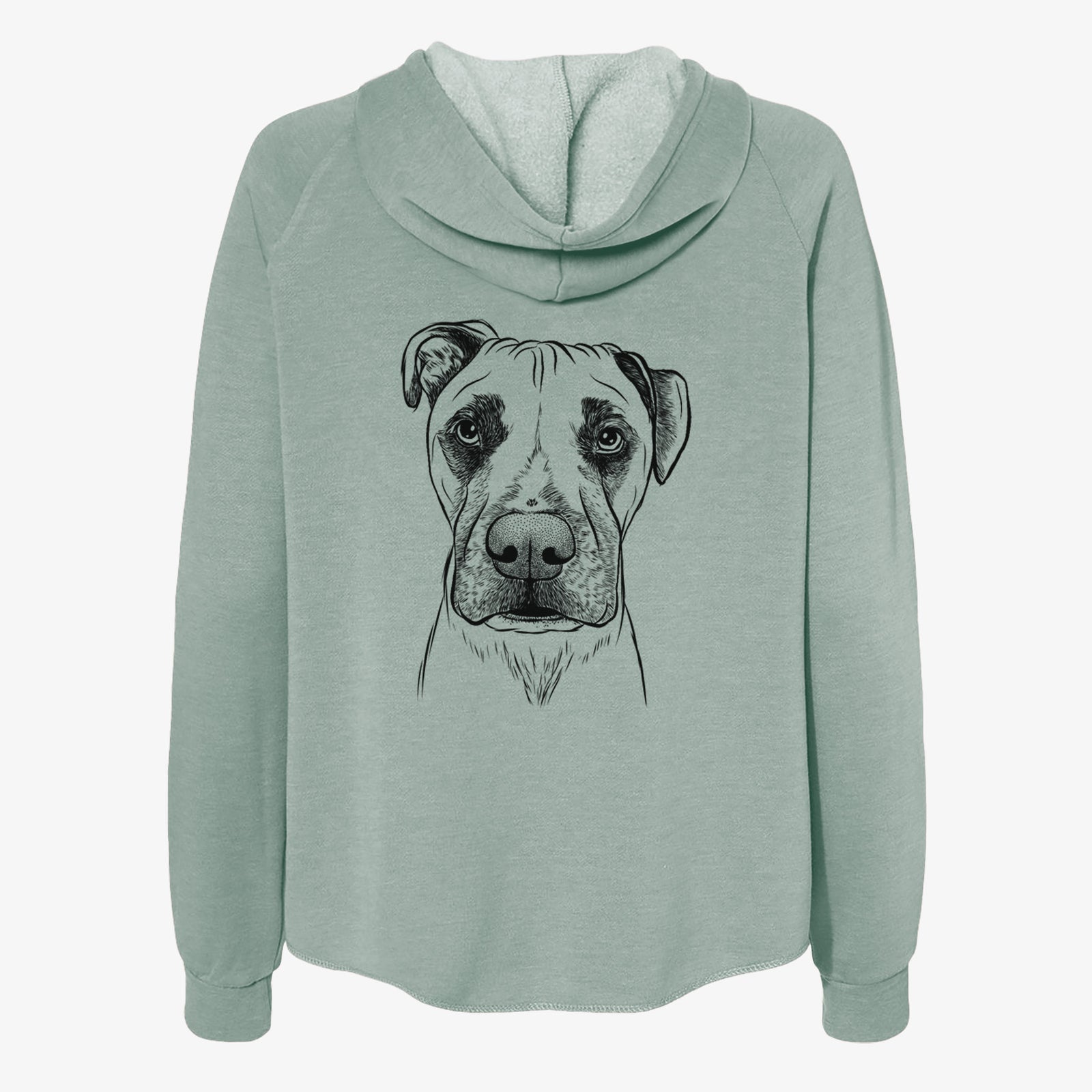 Hand-drawn sketch of Waylon the Boxane on a Sage Women's cali wave zip-up sweatshirt