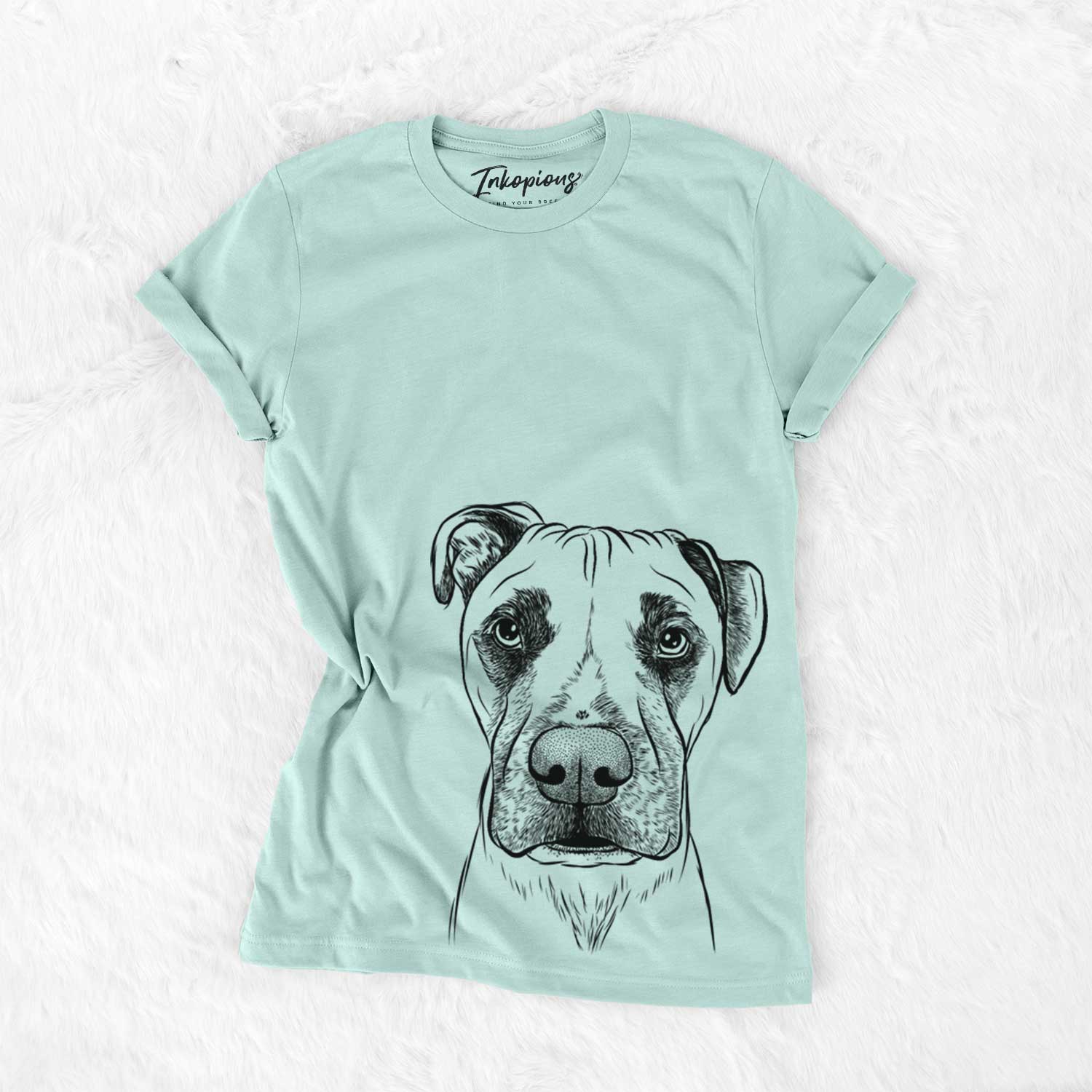 Hand-drawn sketch of Waylon the Boxane on a Heather Sage Unisex crewneck
