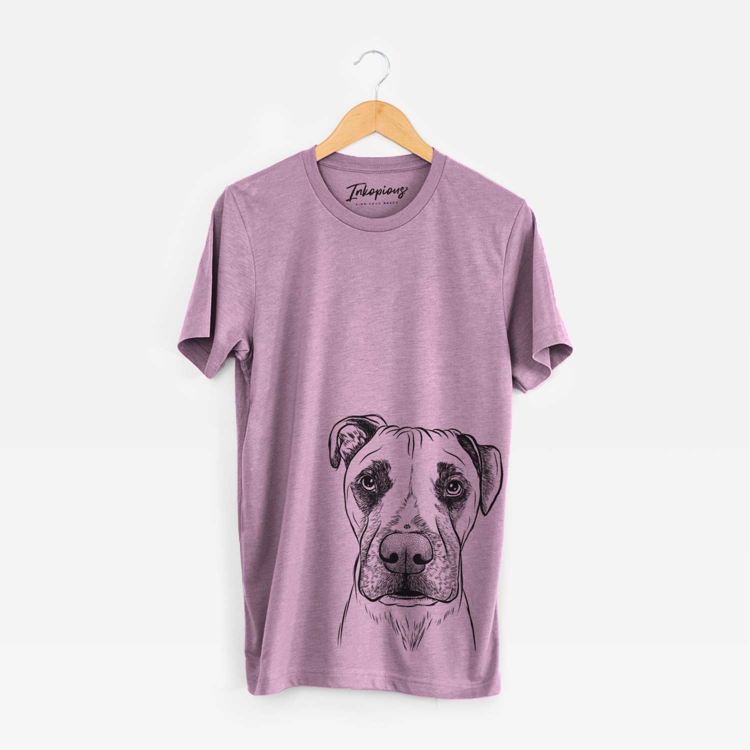 Hand-drawn sketch of Waylon the Boxane on an Orchid Unisex crewneck