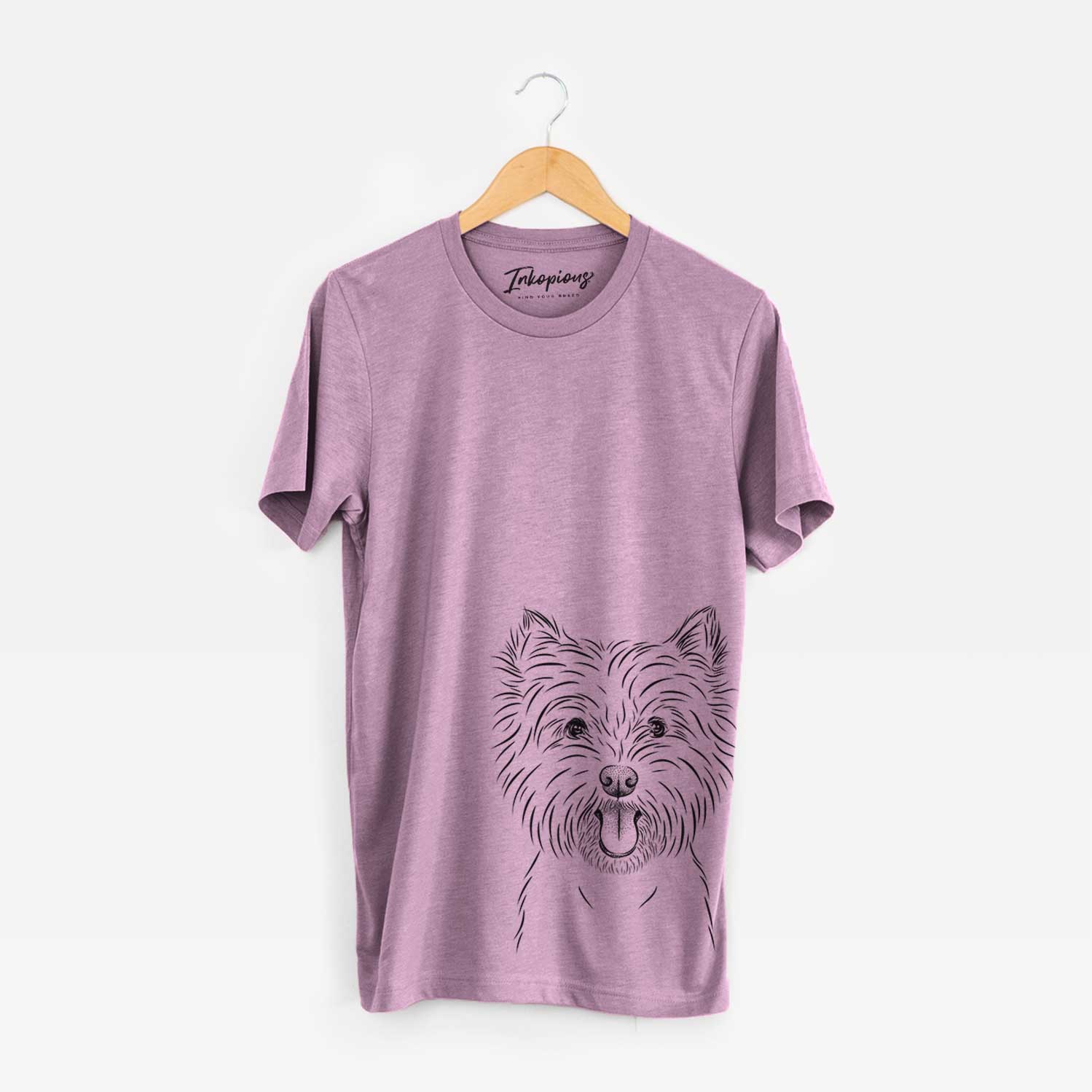 Hand-drawn sketch of Welma the West Highland Terrier on an Orchid Bella Canvas Unisex Crewneck