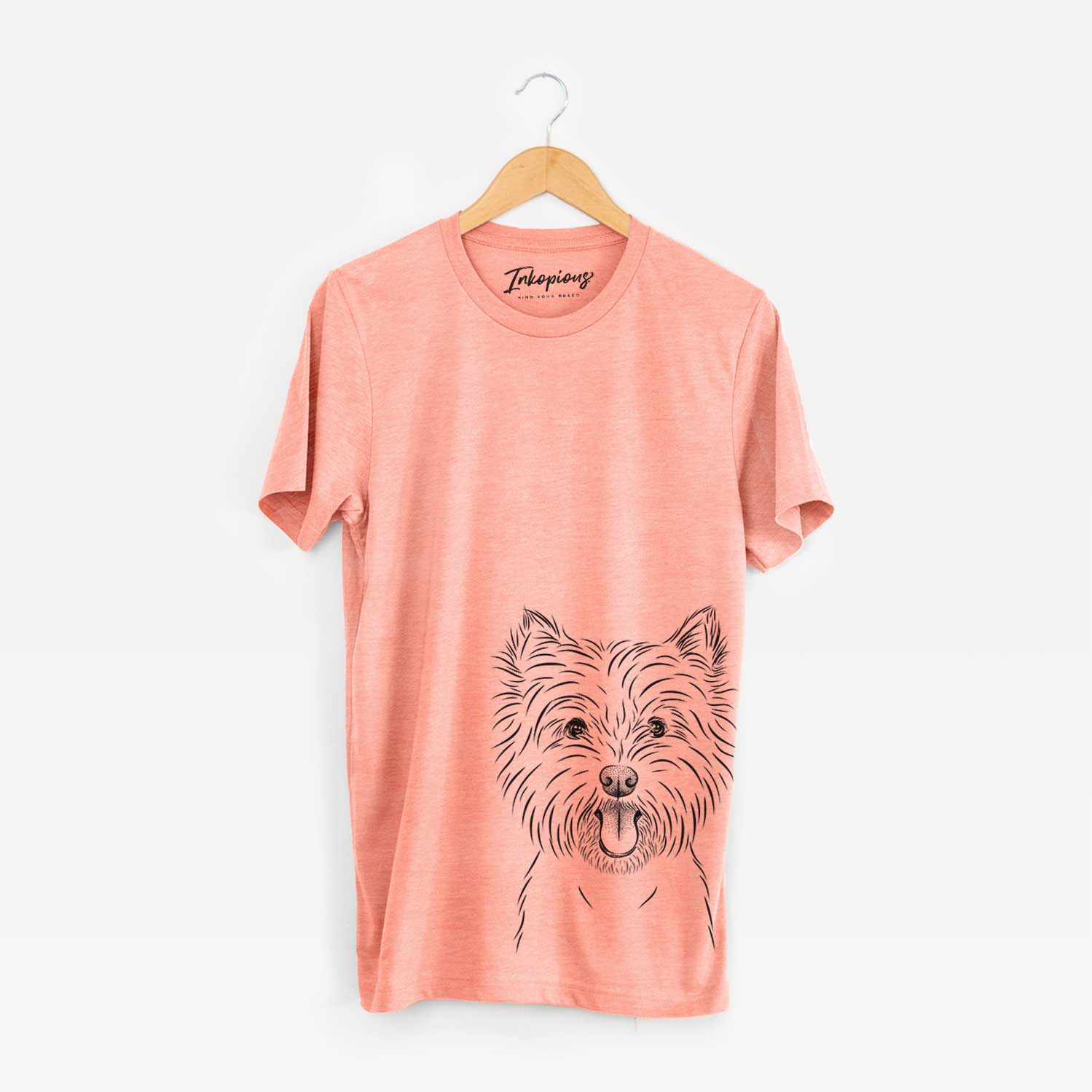 Hand-drawn sketch of Welma the West Highland Terrier on a Sunset Bella Canvas Unisex Crewneck