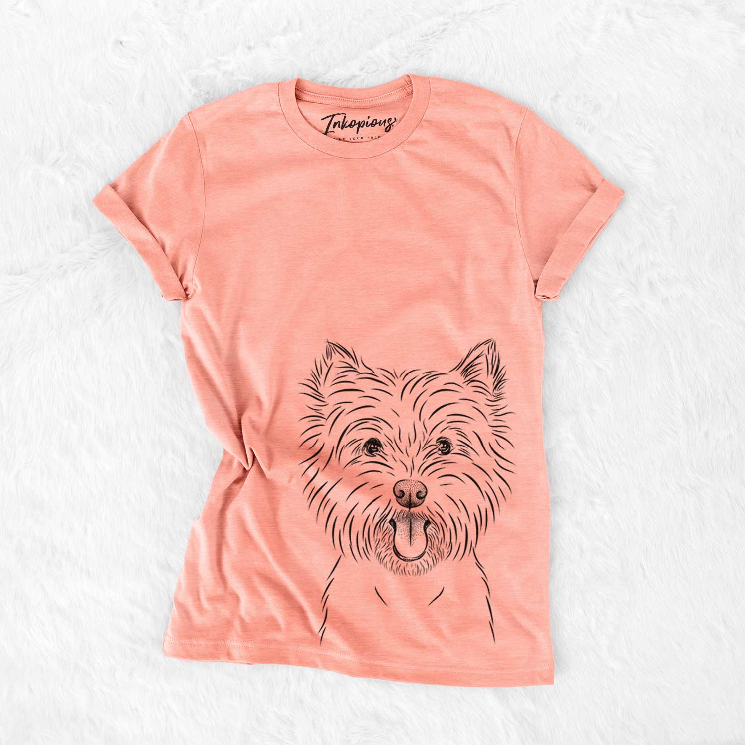 Hand-drawn sketch of Welma the West Highland Terrier on a Sunset Bella Canvas Unisex Crewneck