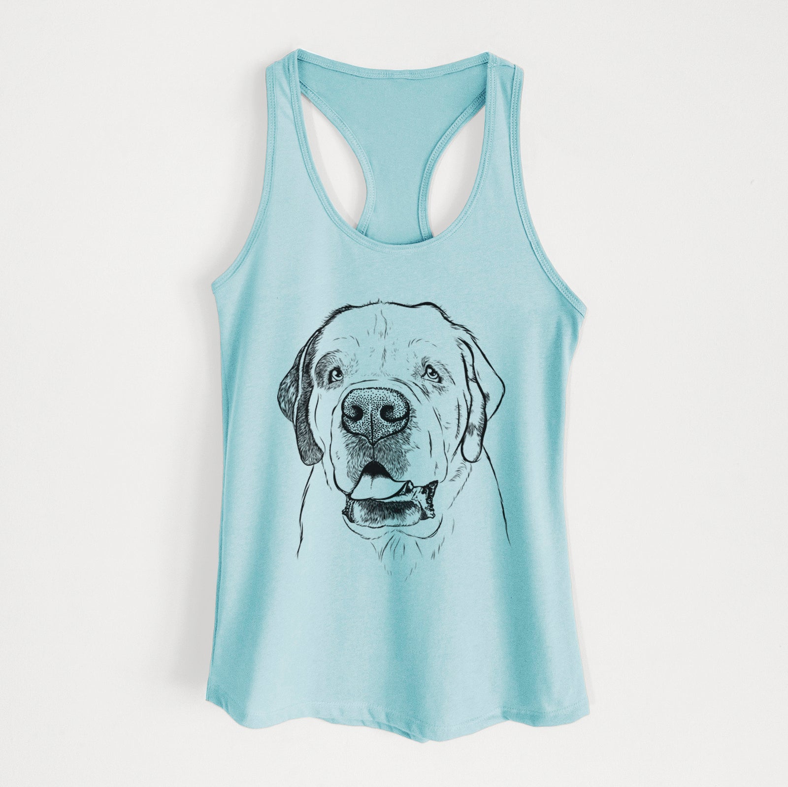 Hand-drawn sketch of Wendy the Saint Bernard on a Cancun Blue Women's racerback tanktop