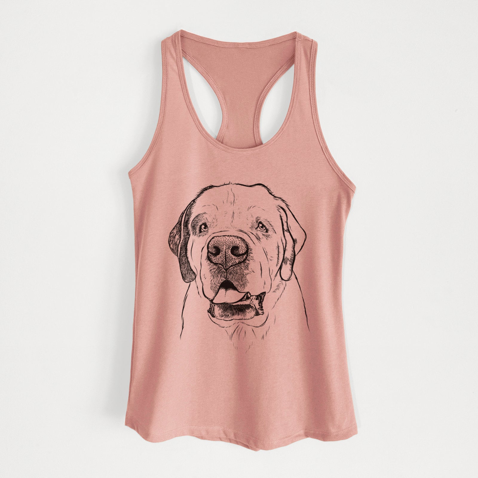 Hand-drawn sketch of Wendy the Saint Bernard on a Desert Pink Women's racerback tanktop