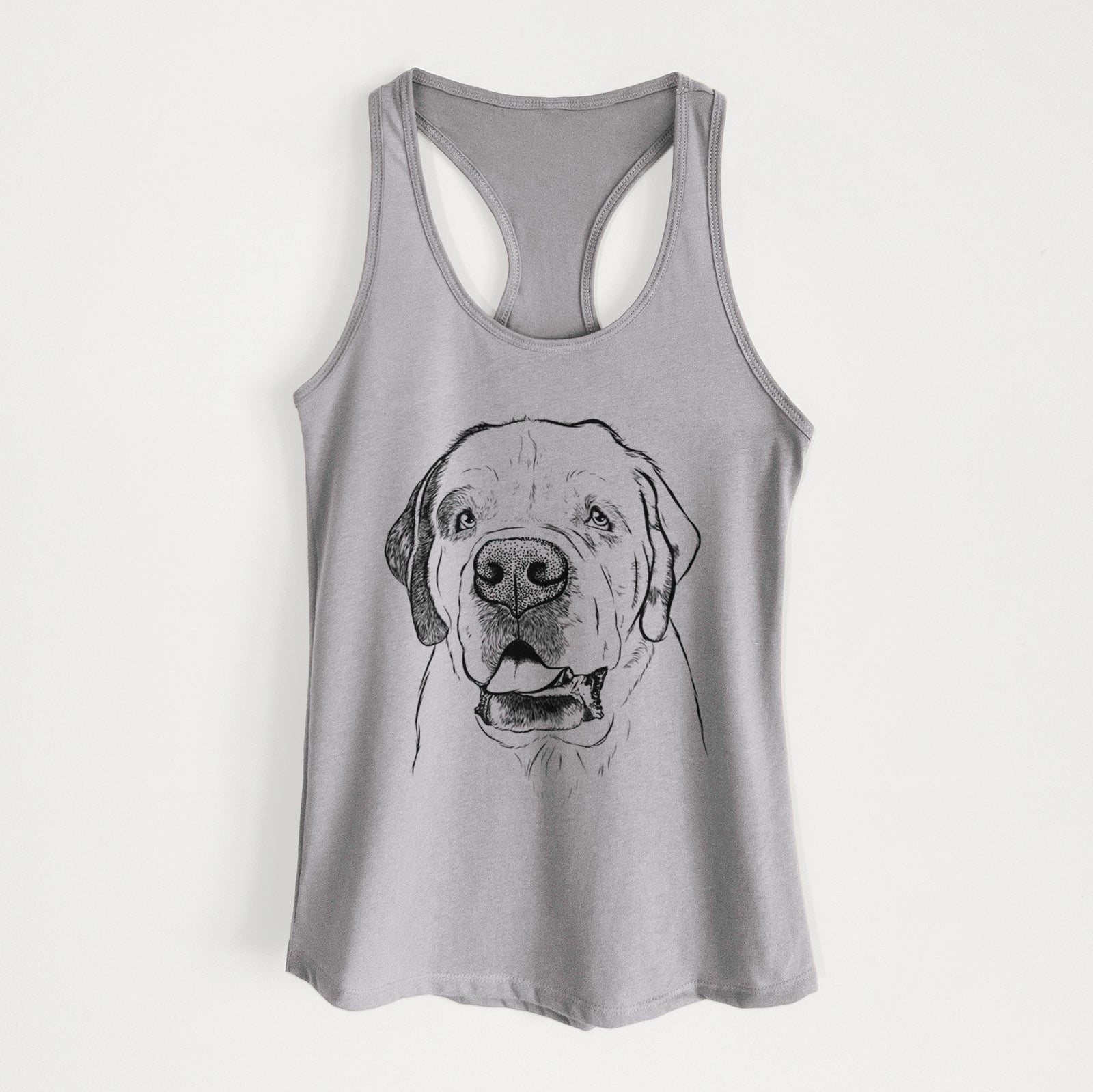 Hand-drawn sketch of Wendy the Saint Bernard on a Heather Grey Women's racerback tanktop