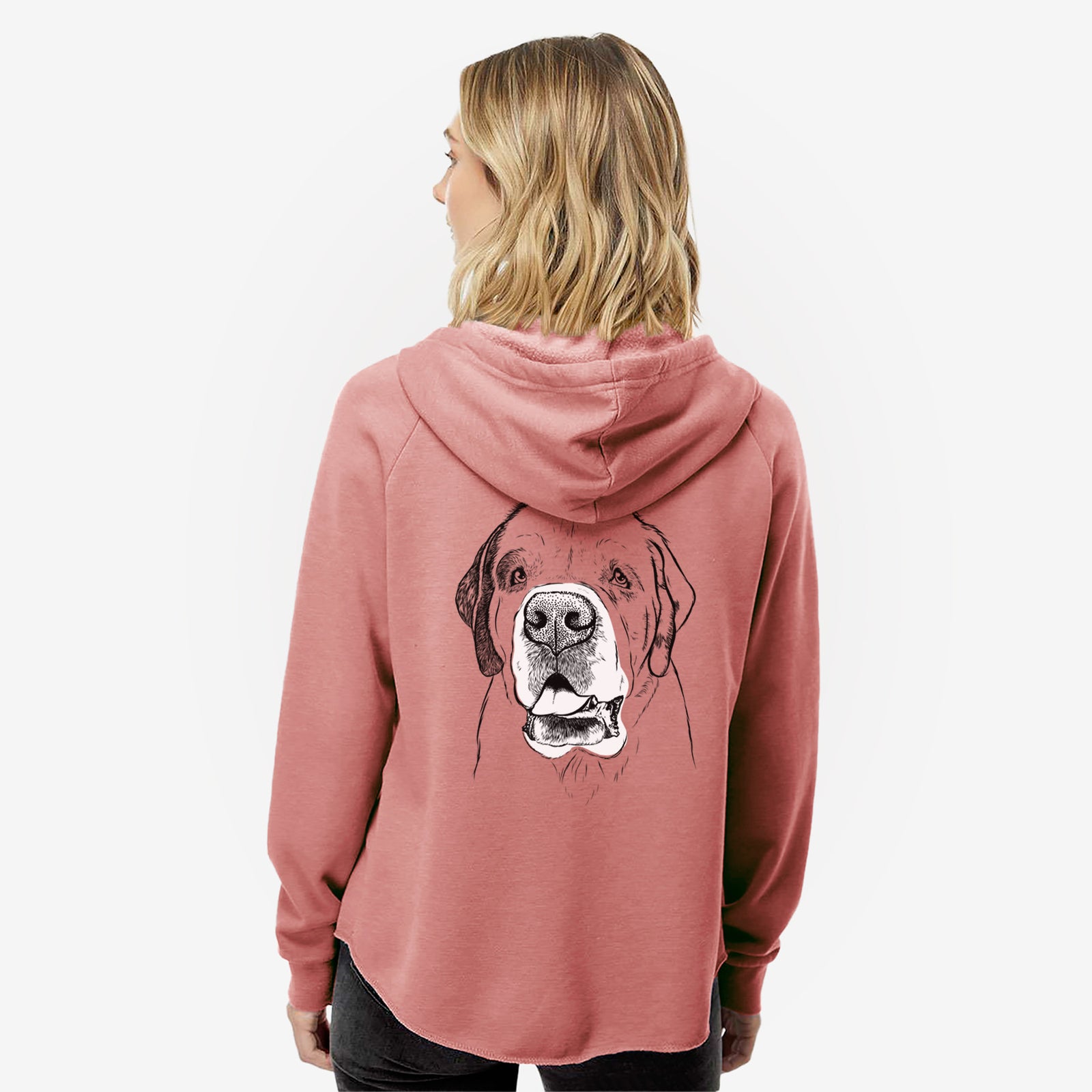 Hand-drawn sketch of Wendy the Saint Bernard on a Dusty Rose Women's cali wave zip-up sweatshirt