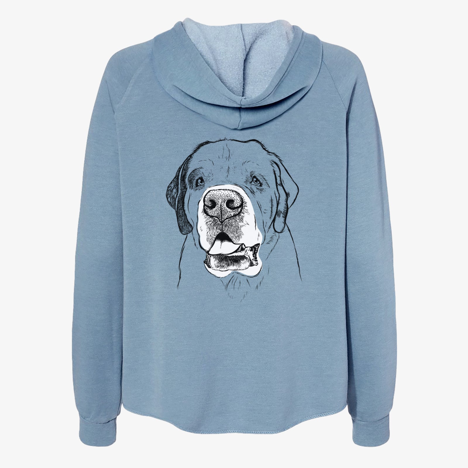 Hand-drawn sketch of Wendy the Saint Bernard on a Misty Blue Women's cali wave zip-up sweatshirt