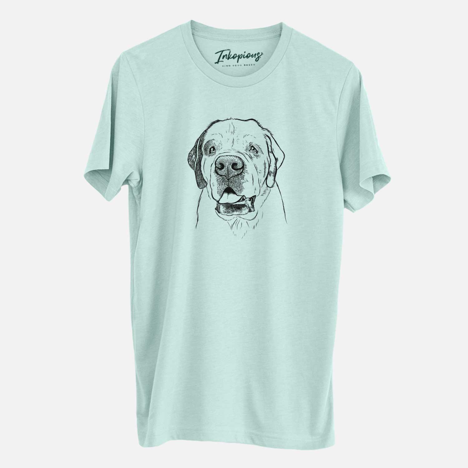 Hand-drawn sketch of Wendy the Saint Bernard on a Heather Sage Unisex crewneck