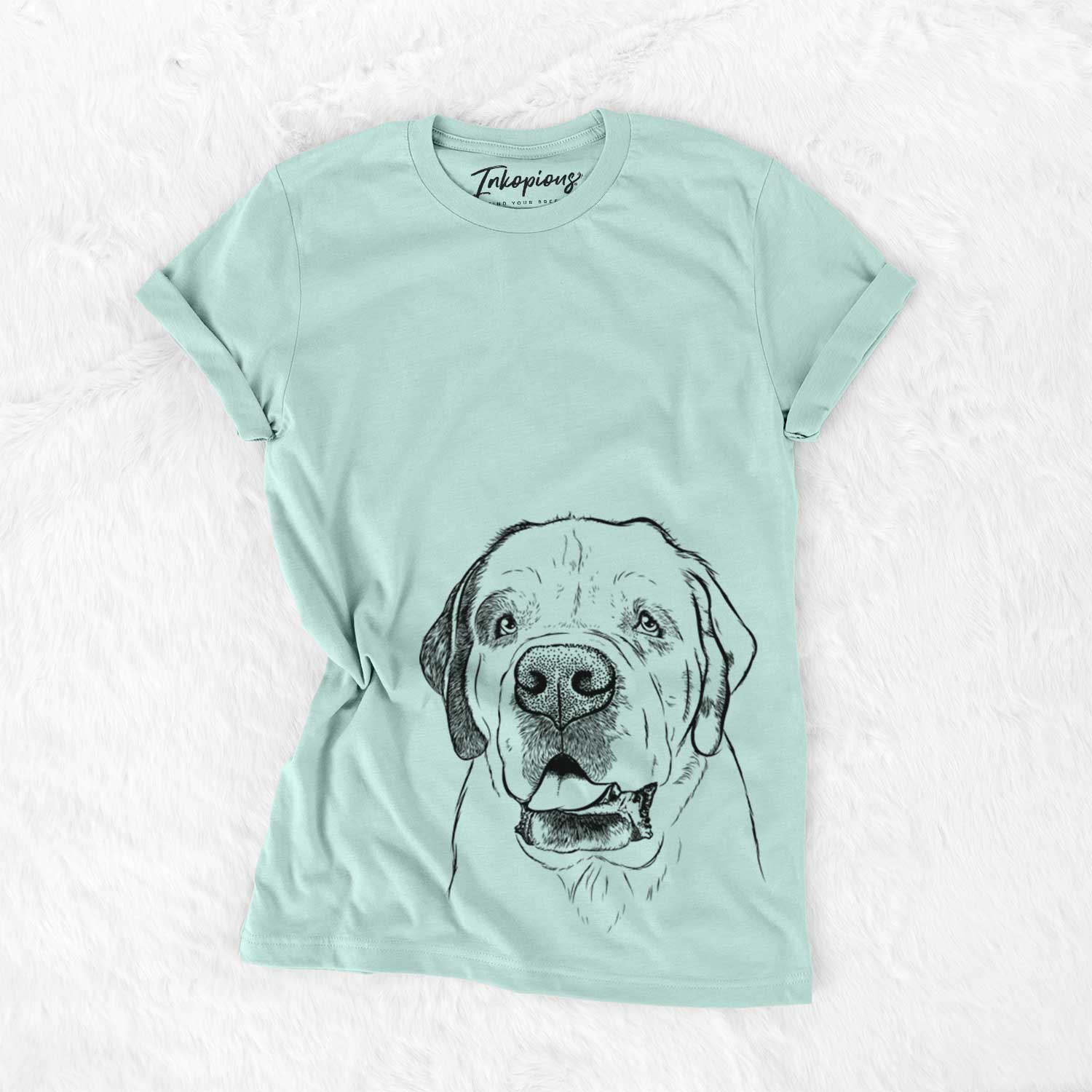 Hand-drawn sketch of Wendy the Saint Bernard on a Heather Sage Unisex crewneck