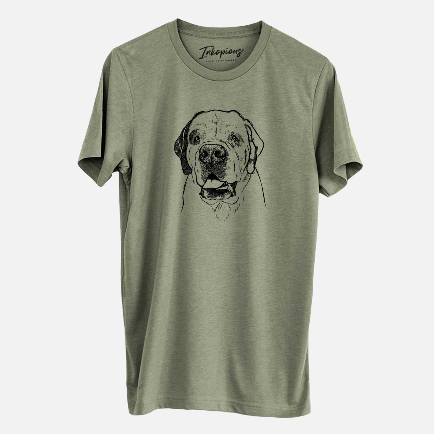 Hand-drawn sketch of Wendy the Saint Bernard on an Olive Unisex crewneck