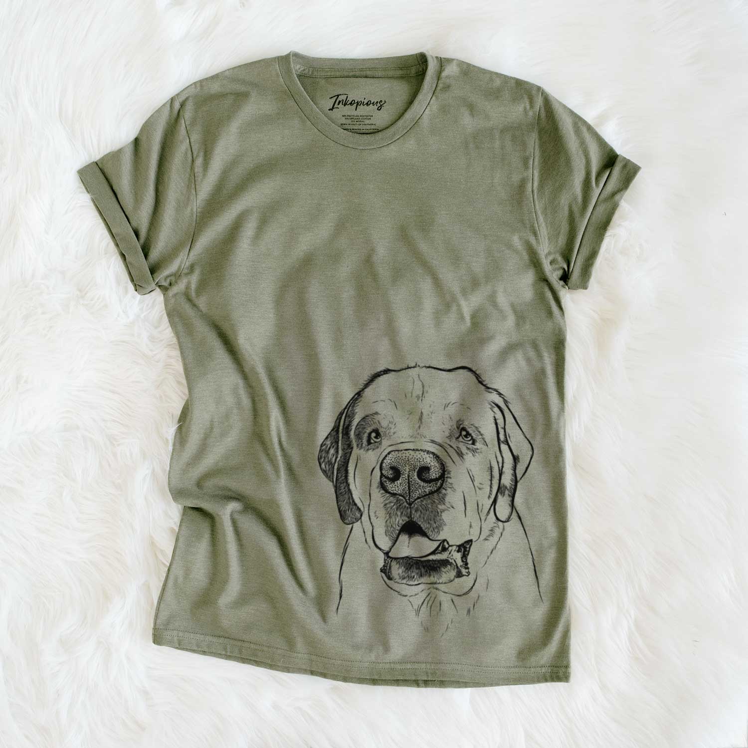 Hand-drawn sketch of Wendy the Saint Bernard on an Olive Unisex crewneck