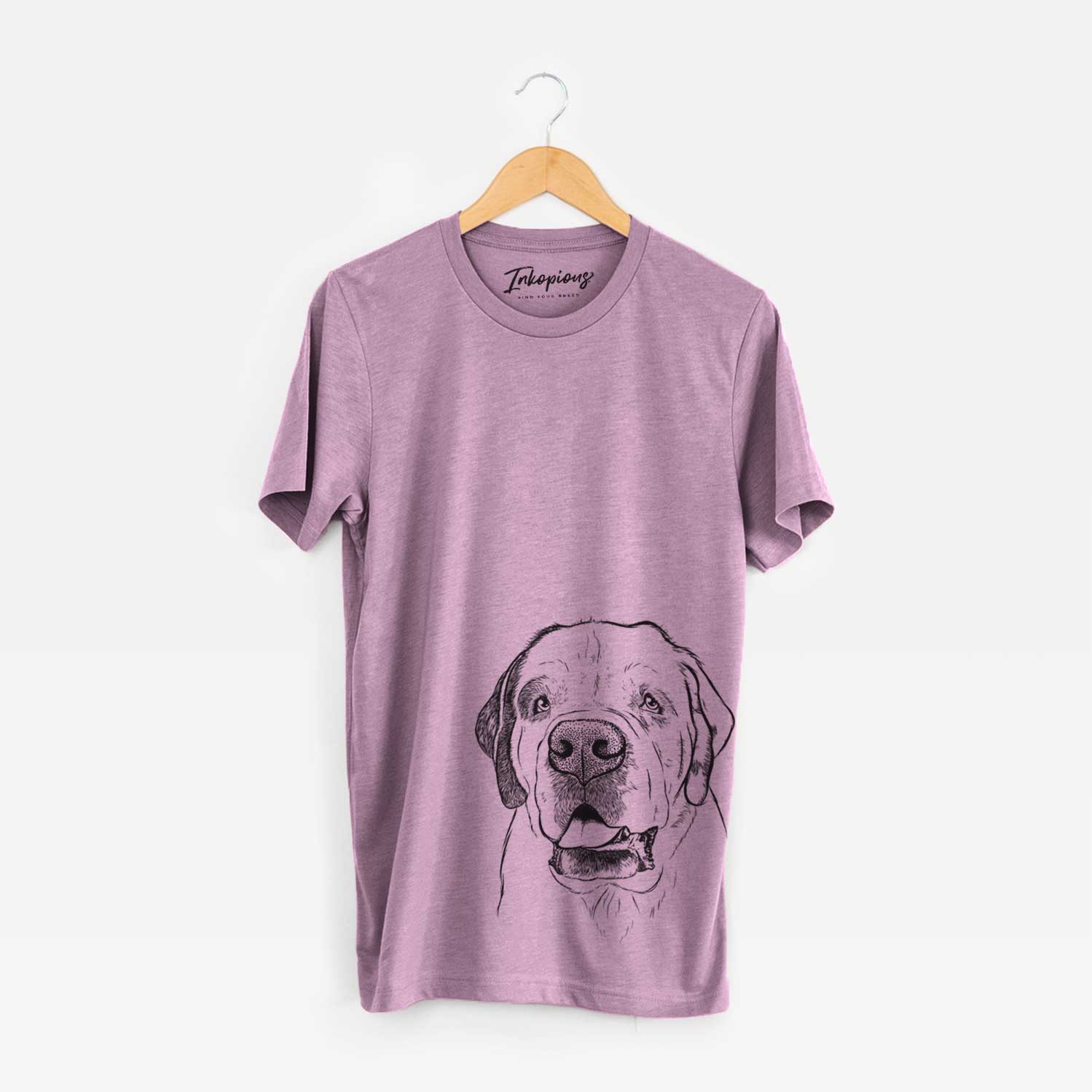 Hand-drawn sketch of Wendy the Saint Bernard on an Orchid Unisex crewneck