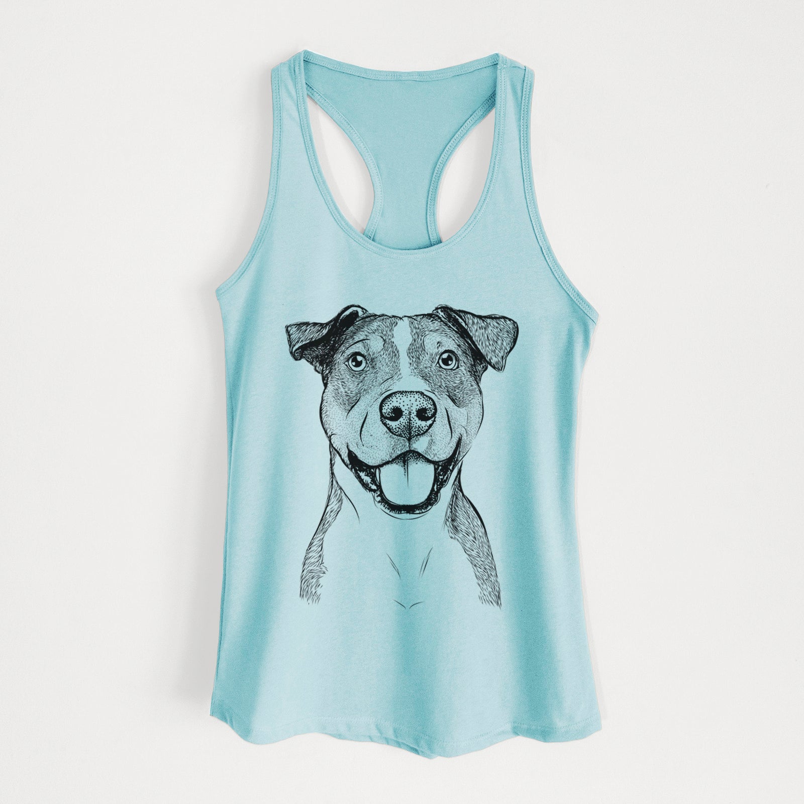 Hand-drawn sketch of Wendy the Mixed Breed on a Cancun Blue Women's racerback tanktop