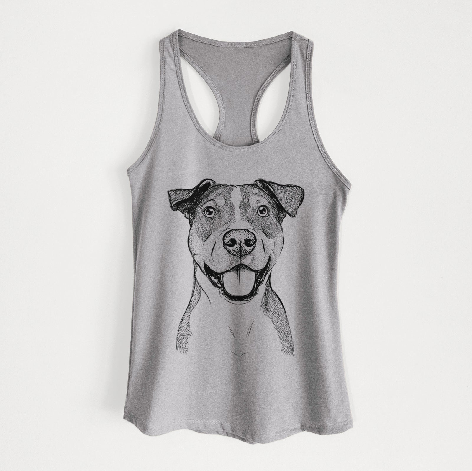 Hand-drawn sketch of Wendy the Mixed Breed on a Heather Grey Women's racerback tanktop