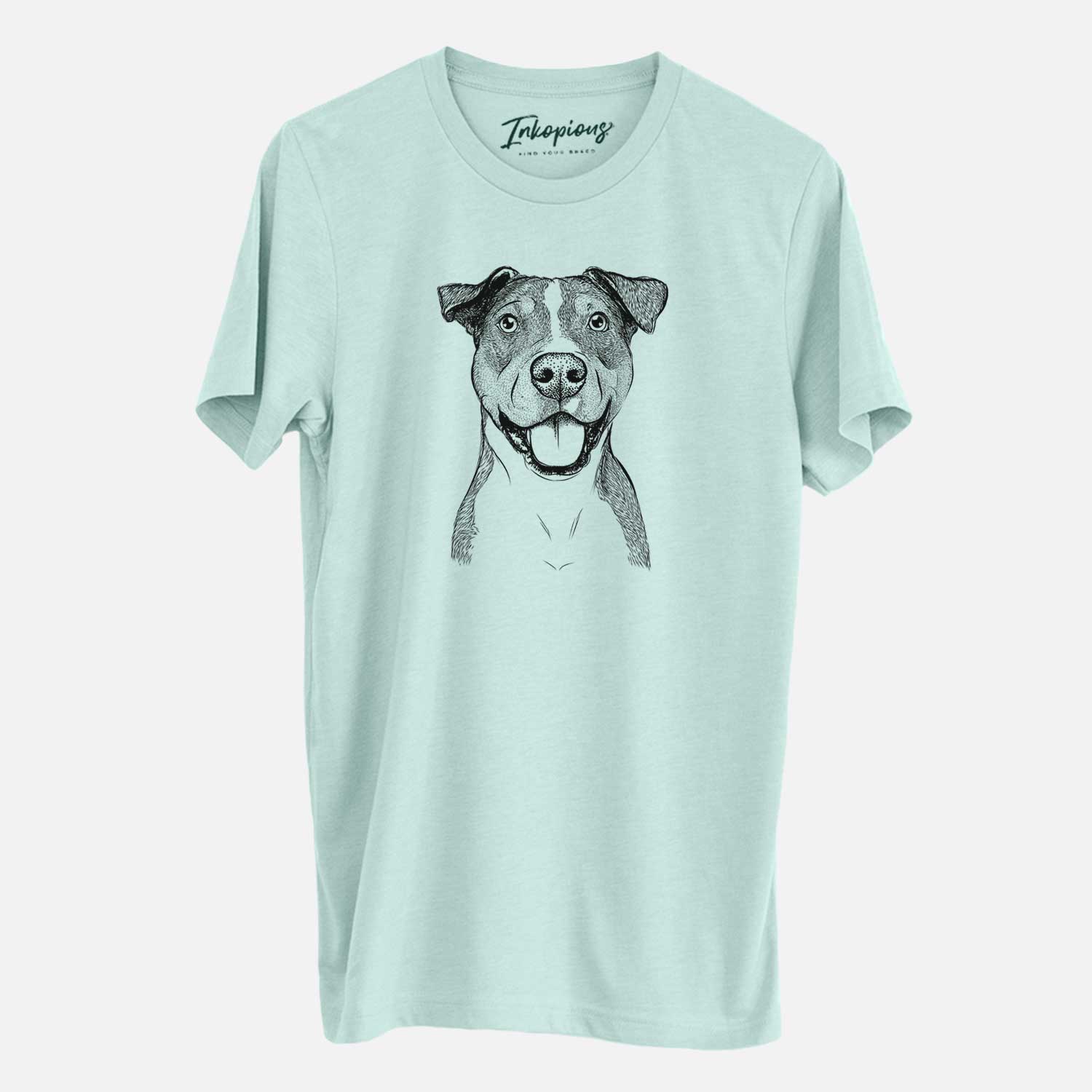 Hand-drawn sketch of Wendy the Mixed Breed on a Heather Sage Unisex crewneck