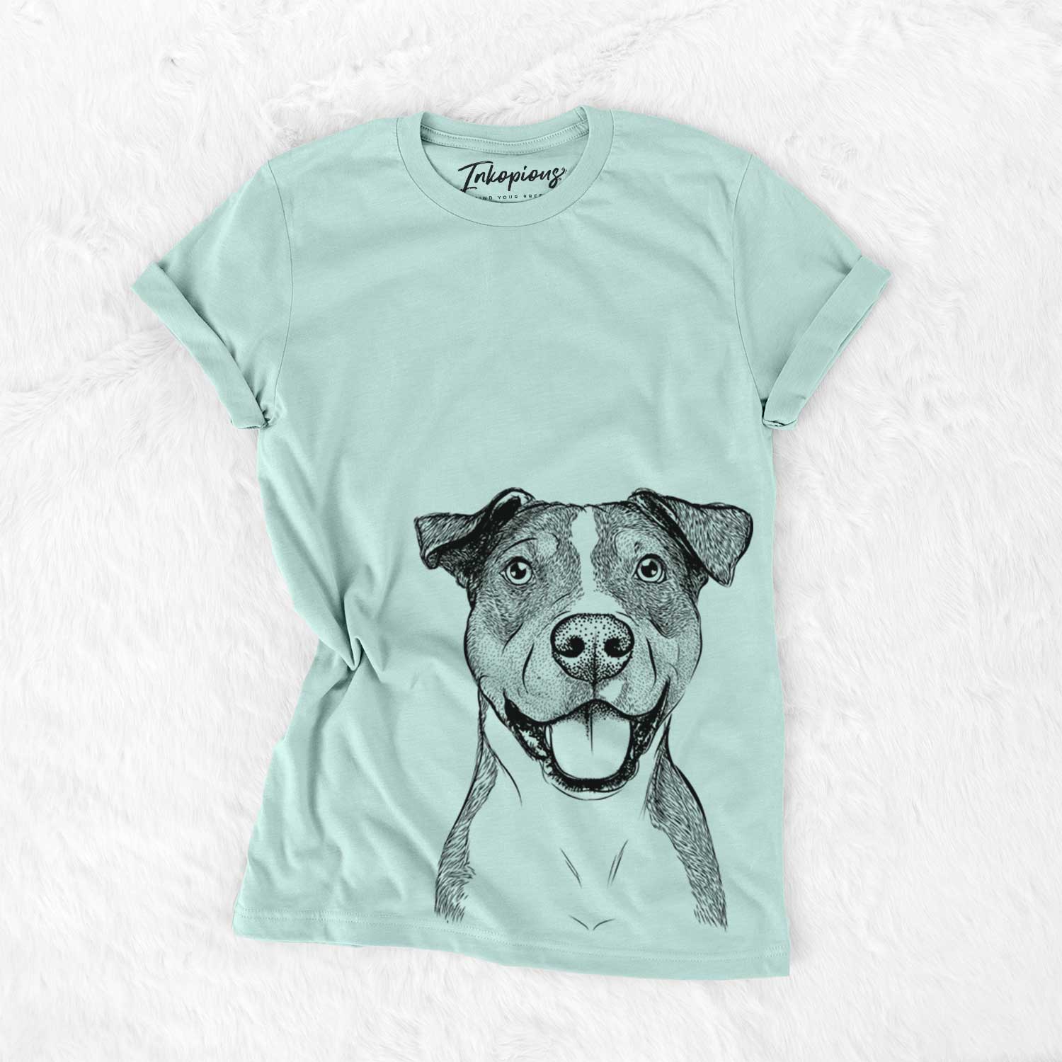 Hand-drawn sketch of Wendy the Mixed Breed on a Heather Sage Unisex crewneck