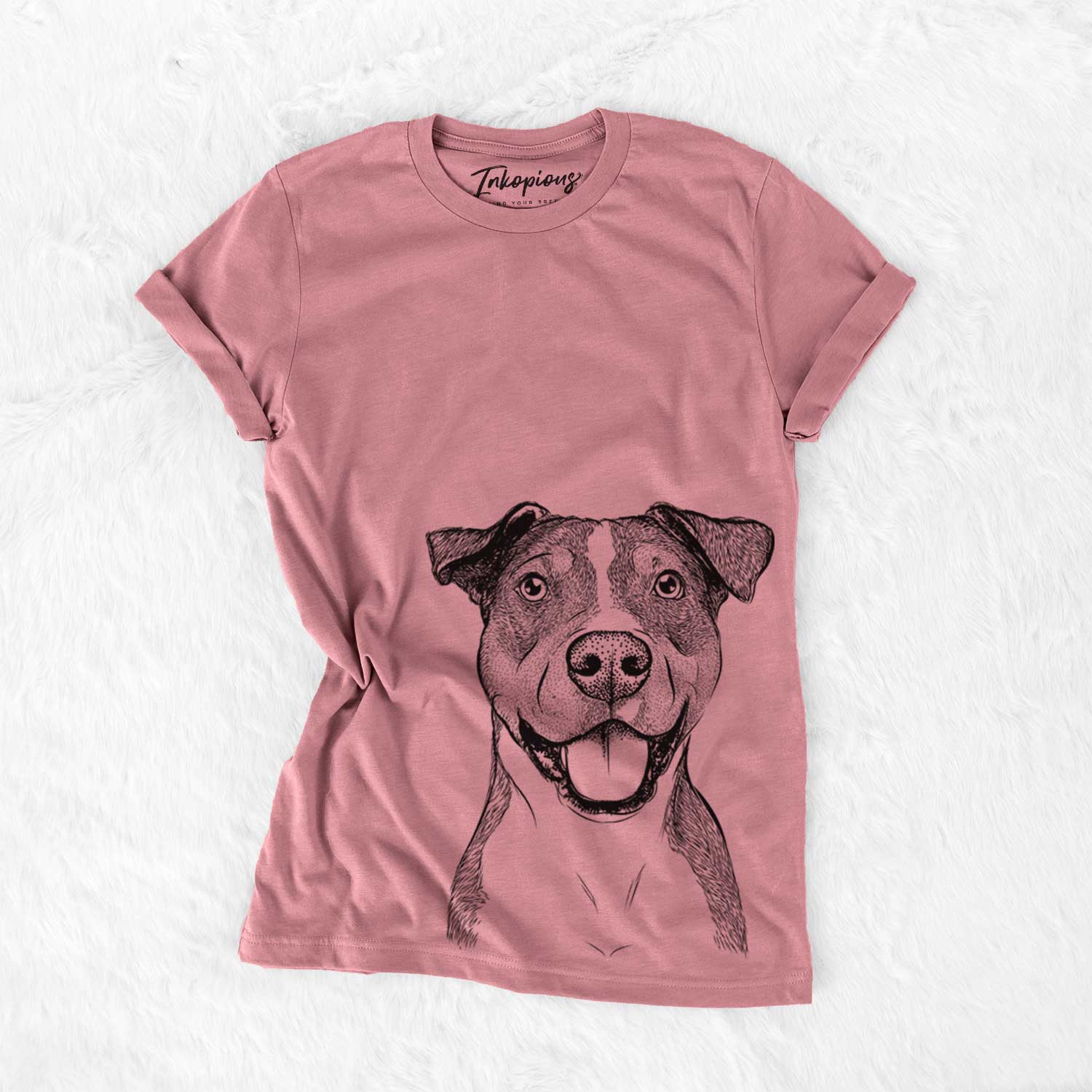 Hand-drawn sketch of Wendy the Mixed Breed on a Mauve Unisex crewneck