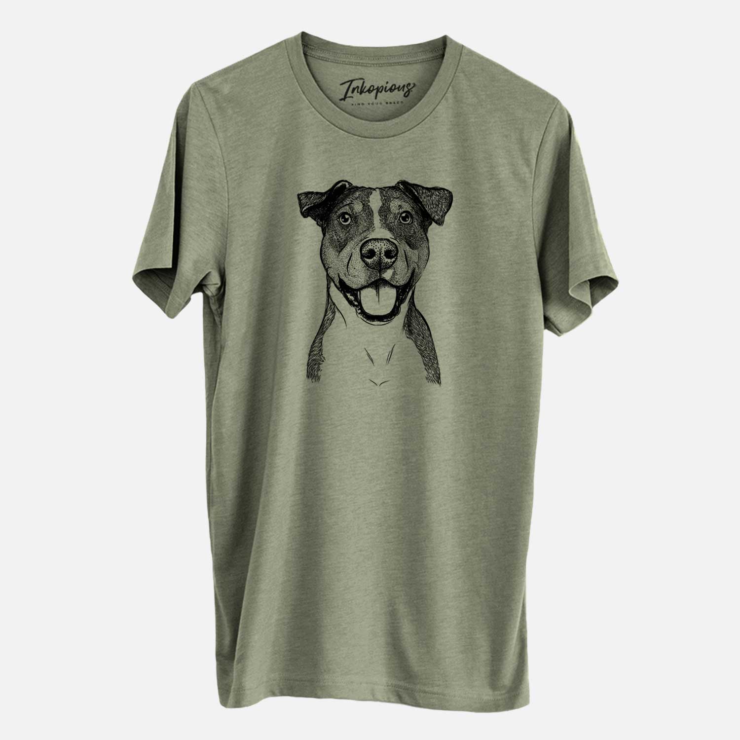 Hand-drawn sketch of Wendy the Mixed Breed on an Olive Unisex crewneck