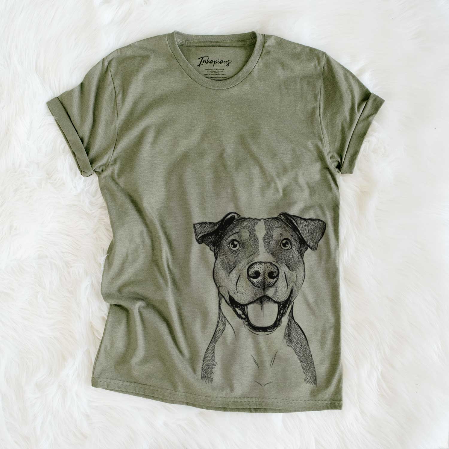Hand-drawn sketch of Wendy the Mixed Breed on an Olive Unisex crewneck