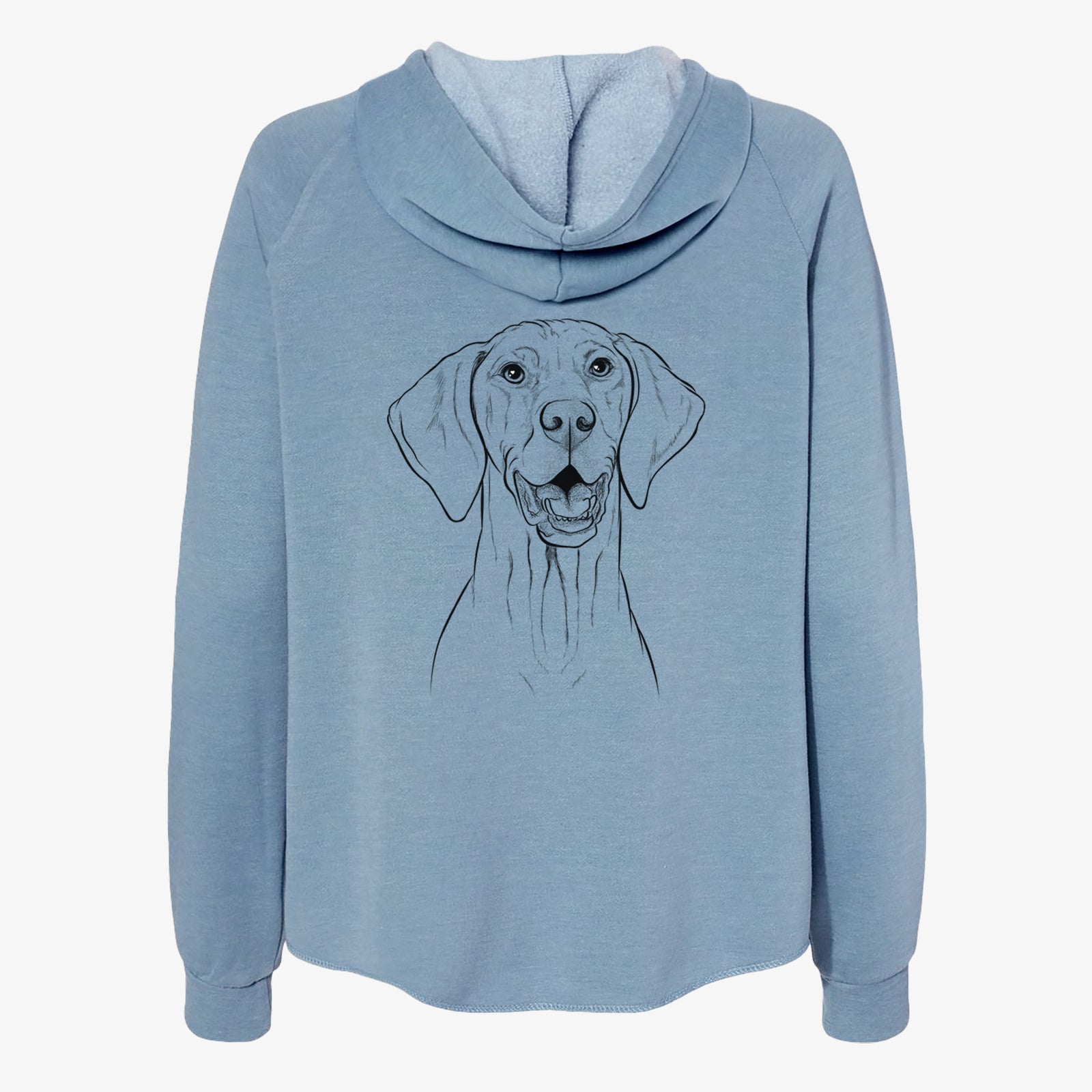Hand-drawn sketch of Wesley the Vizsla on a Misty Blue Women's cali wave zip-up sweatshirt