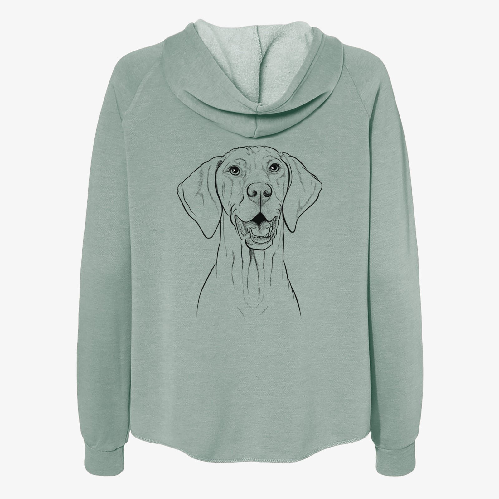 Hand-drawn sketch of Wesley the Vizsla on a Sage Women's cali wave zip-up sweatshirt
