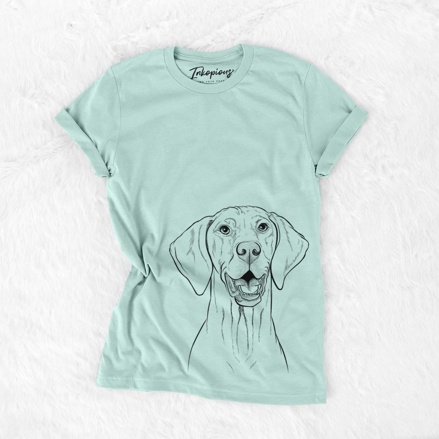 Hand-drawn sketch of Wesley the Vizsla on a Heather Sage Unisex crewneck