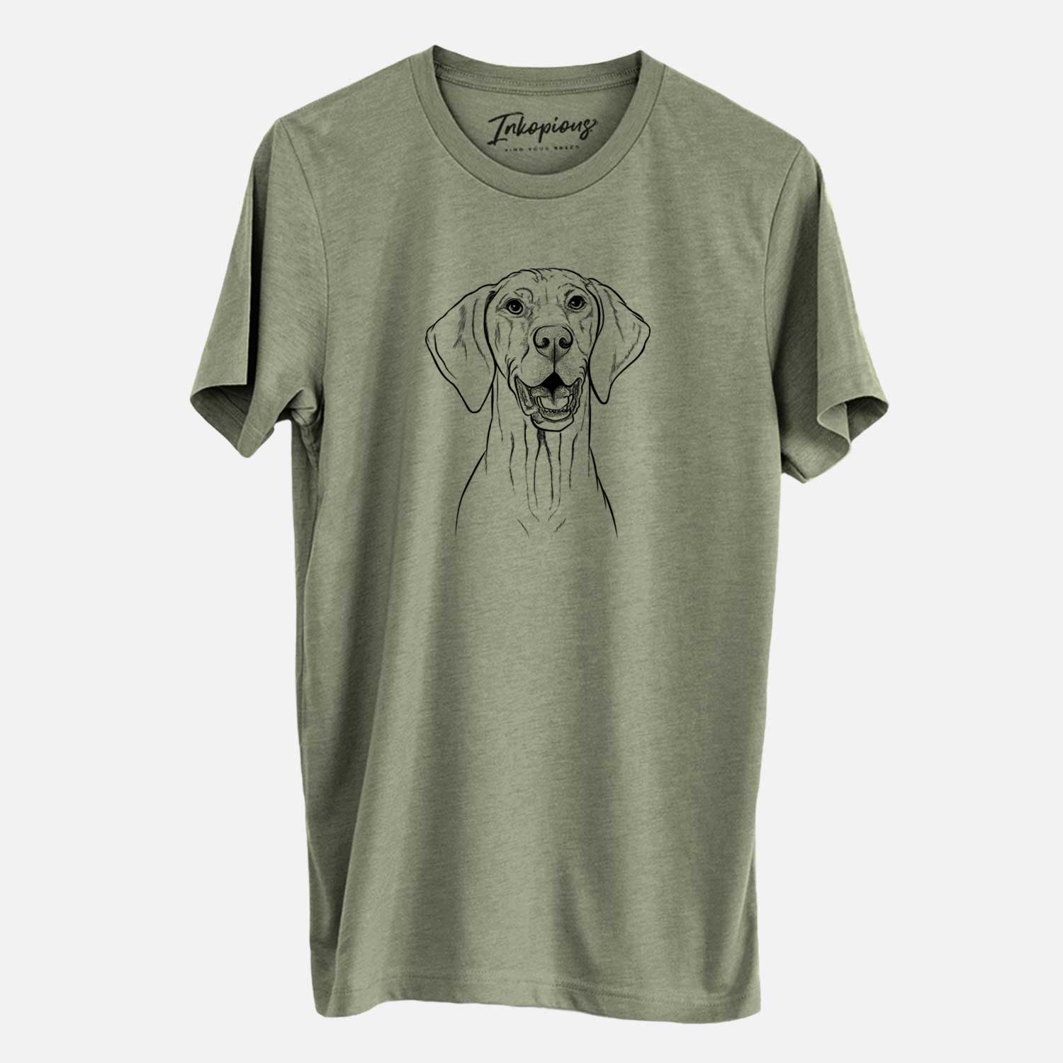 Hand-drawn sketch of Wesley the Vizsla on an Olive Unisex crewneck