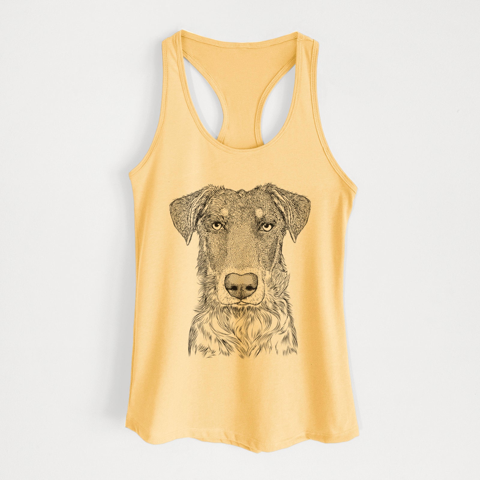 Hand-drawn sketch of Wesson the Beauceron on a Banana Cream Women's racerback tanktop