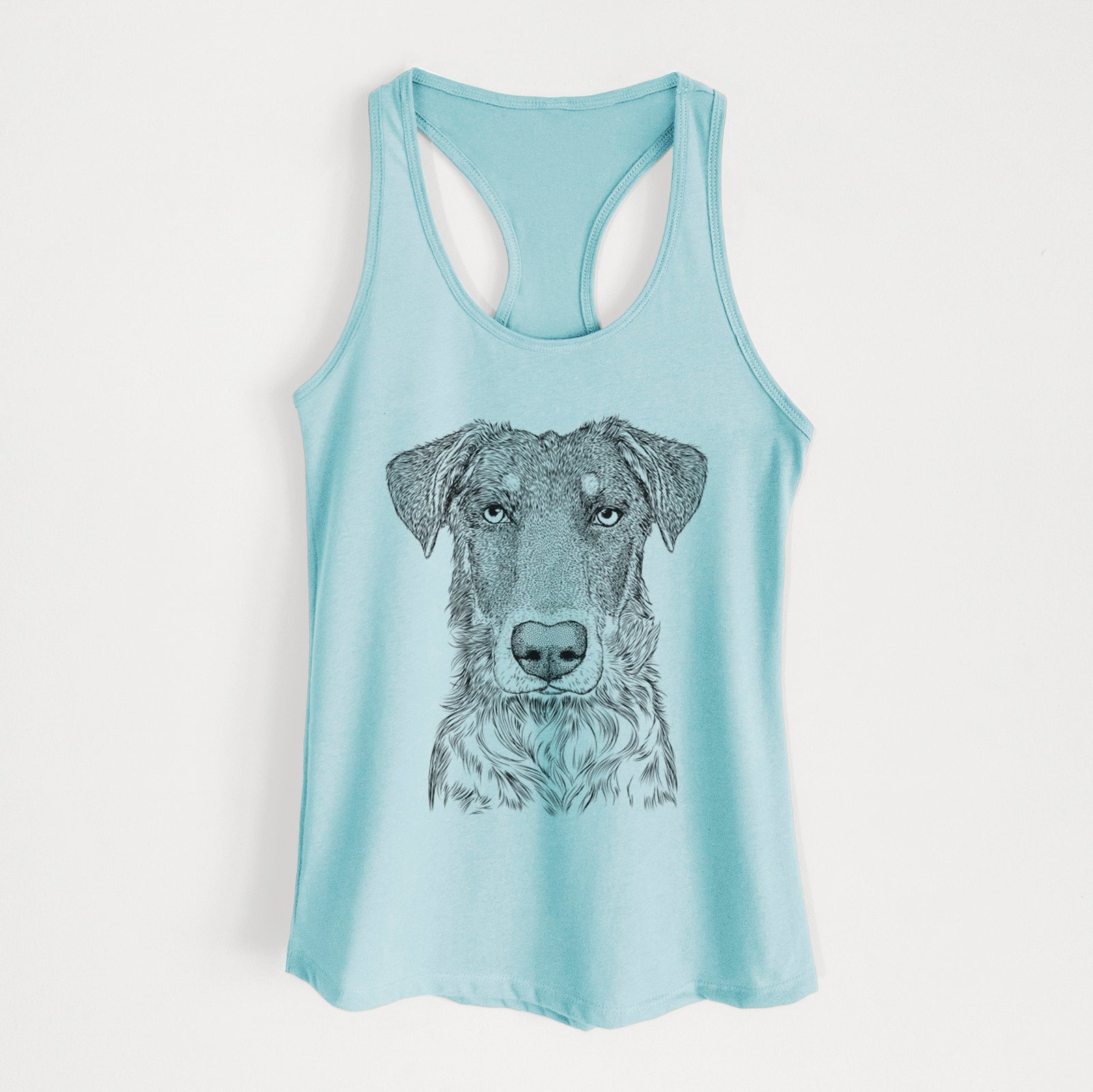 Hand-drawn sketch of Wesson the Beauceron on a Cancun Blue Women's racerback tanktop