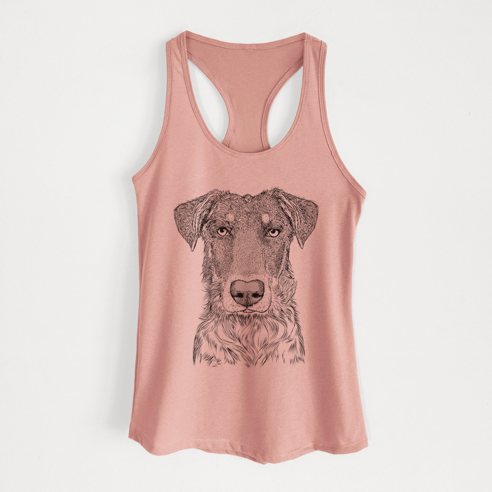 Hand-drawn sketch of Wesson the Beauceron on a Desert Pink Women's racerback tanktop