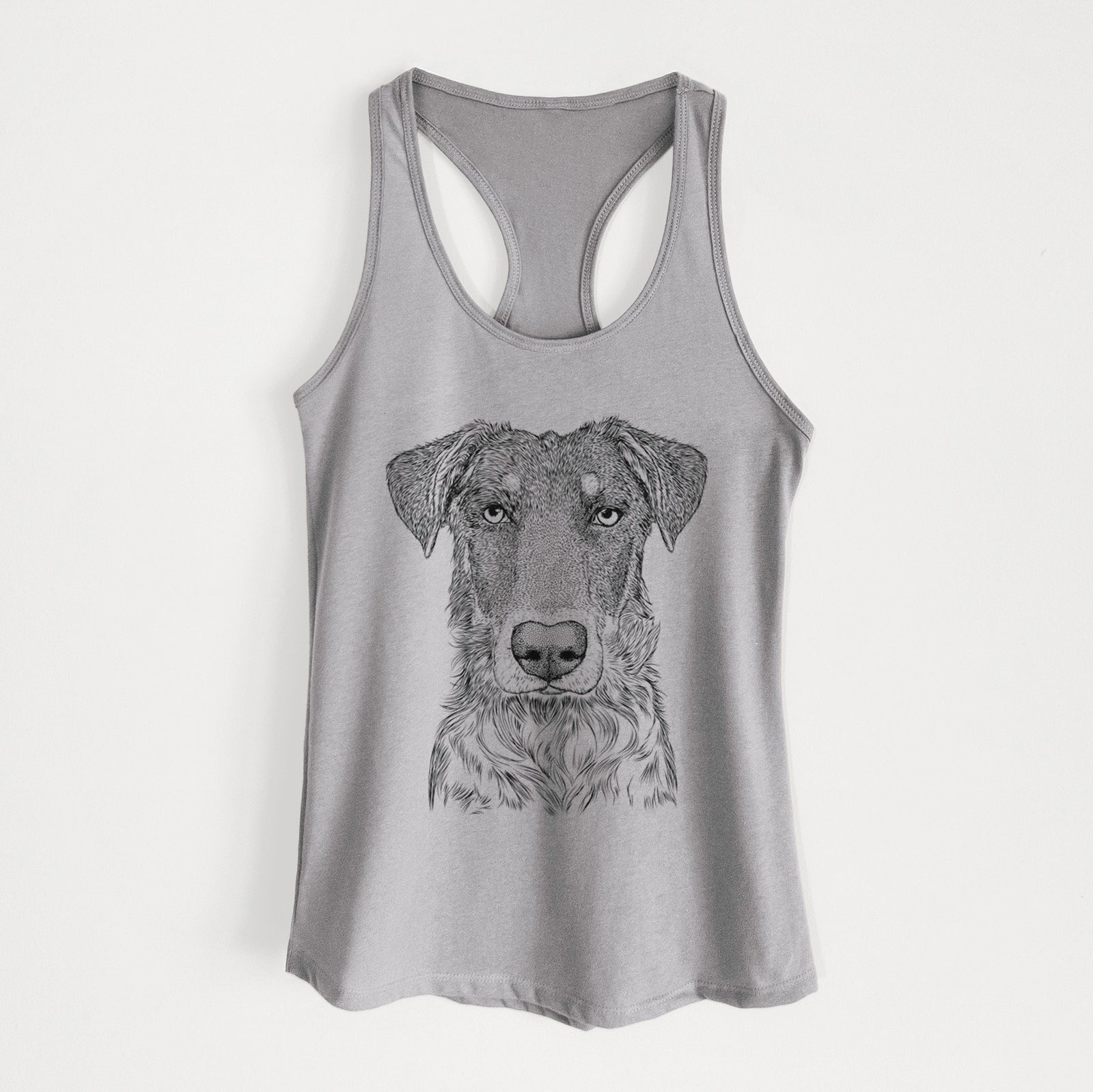 Hand-drawn sketch of Wesson the Beauceron on a Heather Grey Women's racerback tanktop