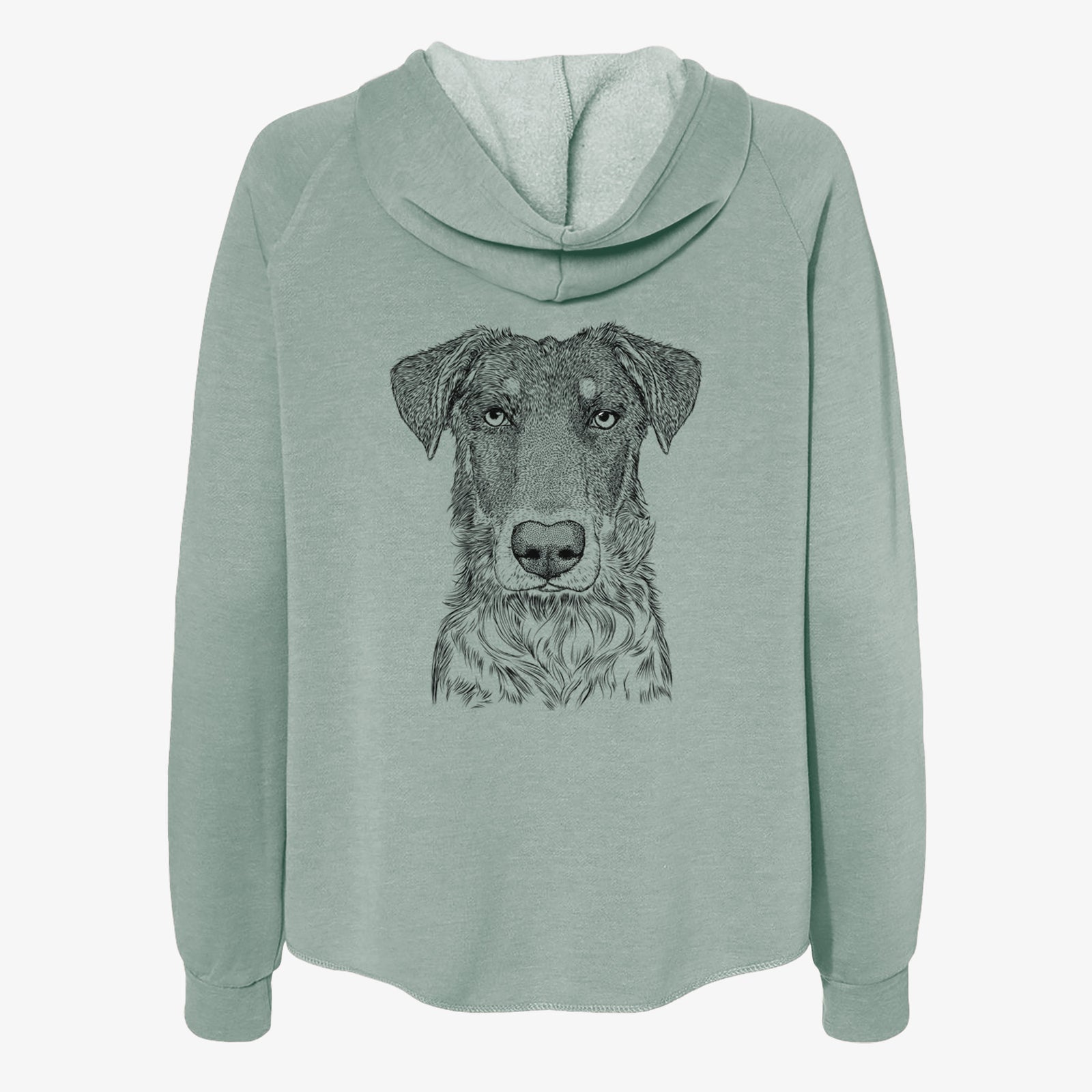 Hand-drawn sketch of Wesson the Beauceron on a Sage Women's cali wave zip-up sweatshirt