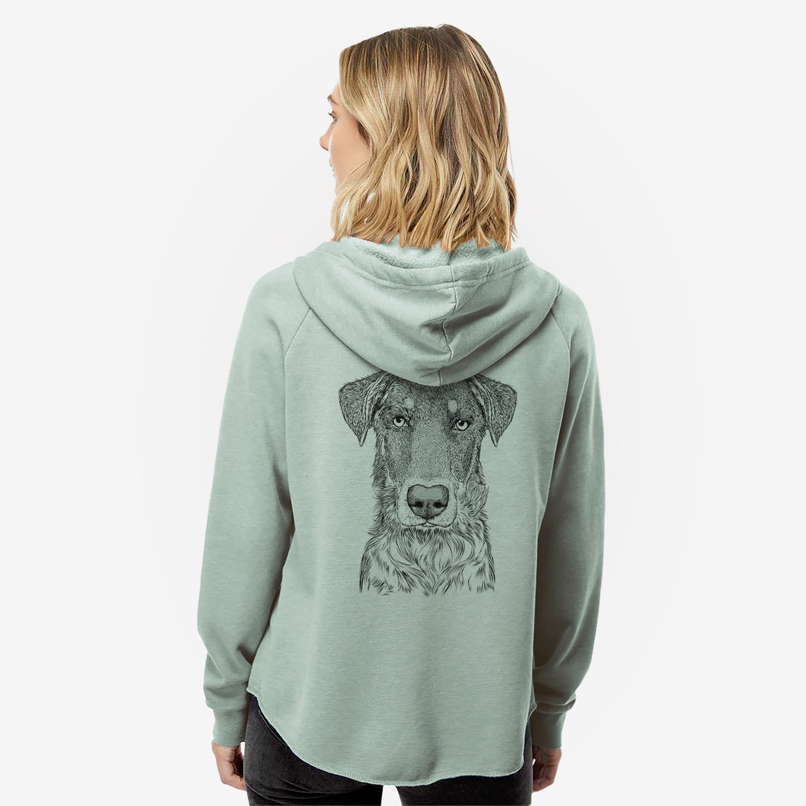 Hand-drawn sketch of Wesson the Beauceron on a Sage Women's cali wave zip-up sweatshirt